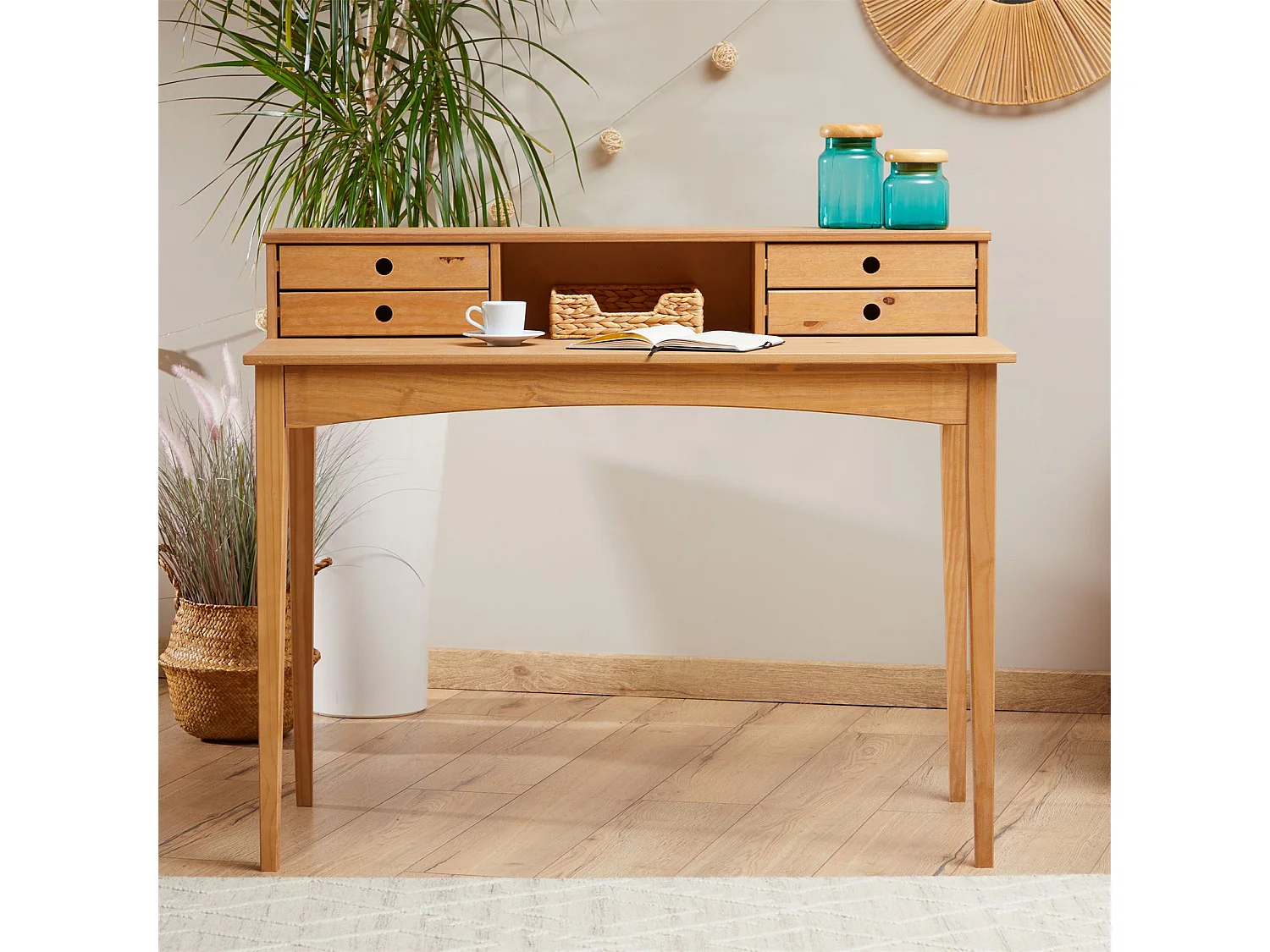 Bureau secrétaire MILANO en pin massif avec 4 tiroirs et 1 niche, bois lasuré brun