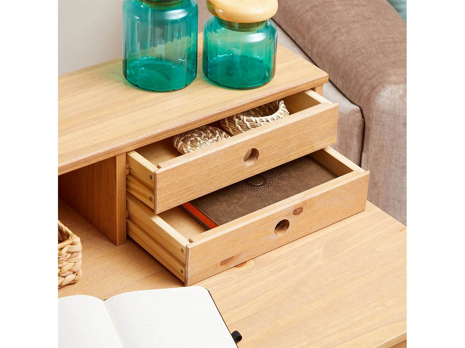 Bureau secrétaire MILANO en pin massif avec 4 tiroirs et 1 niche, bois lasuré brun