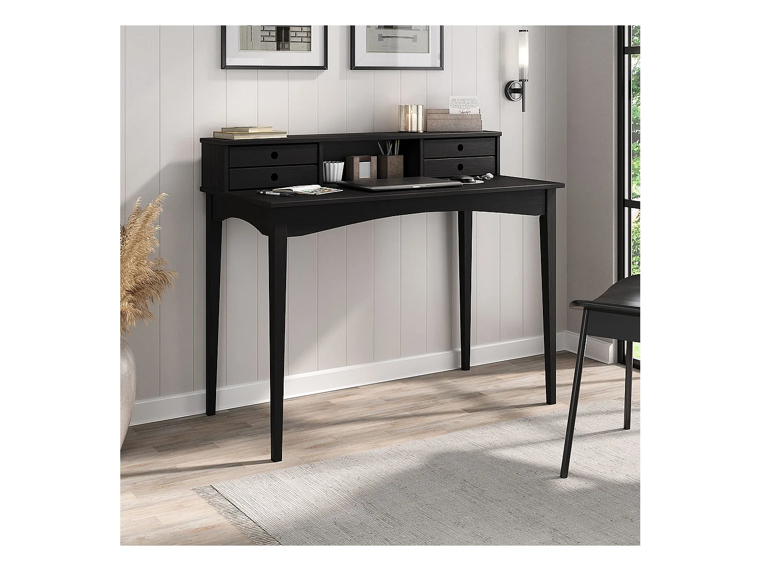 Bureau MILANO secrétaire en pin massif avec 4 tiroirs et 1 niche, Noir