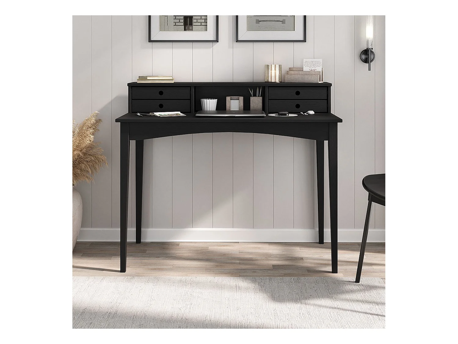 Bureau MILANO secrétaire en pin massif avec 4 tiroirs et 1 niche, Noir