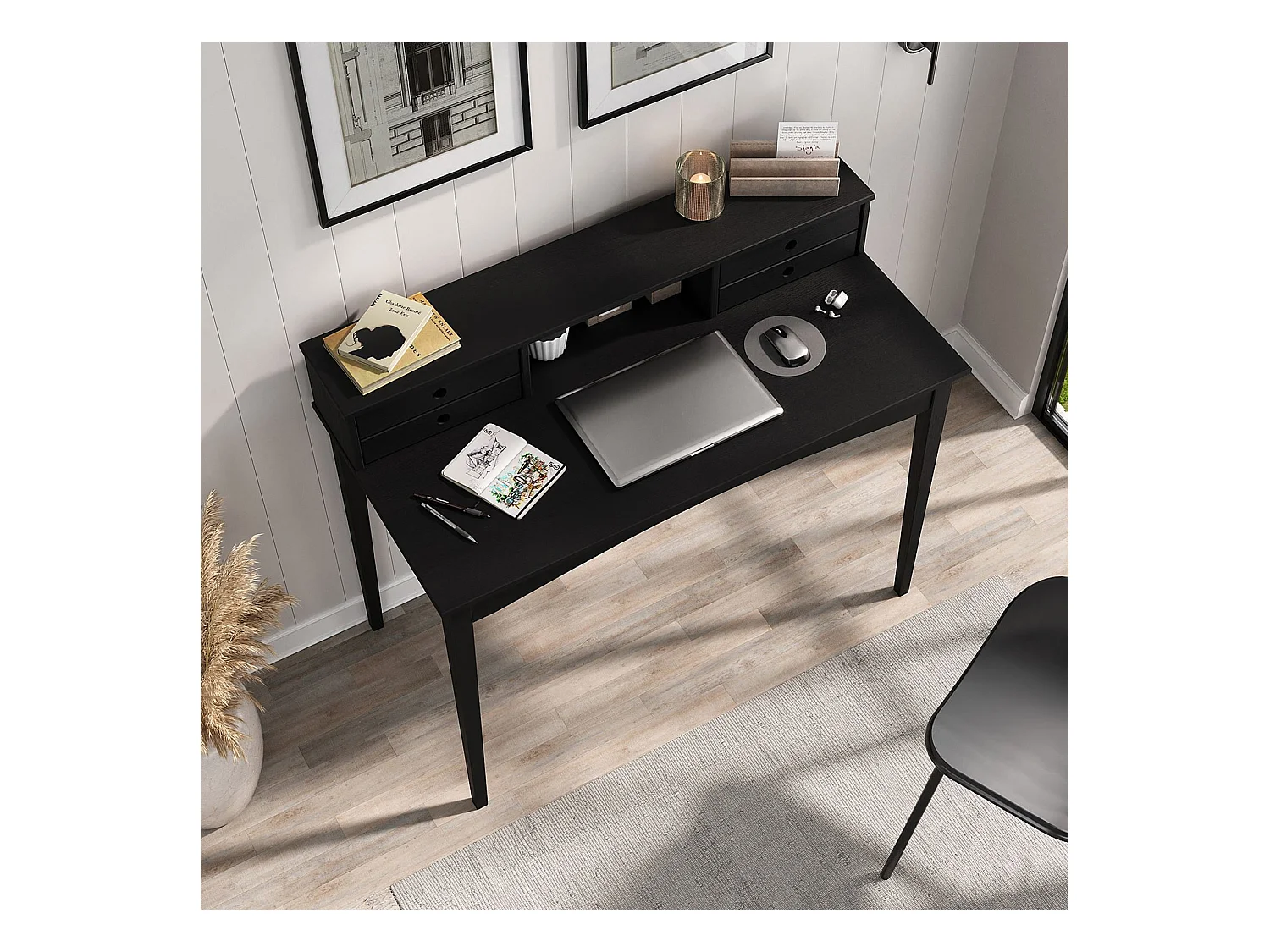 Bureau MILANO secrétaire en pin massif avec 4 tiroirs et 1 niche, Noir