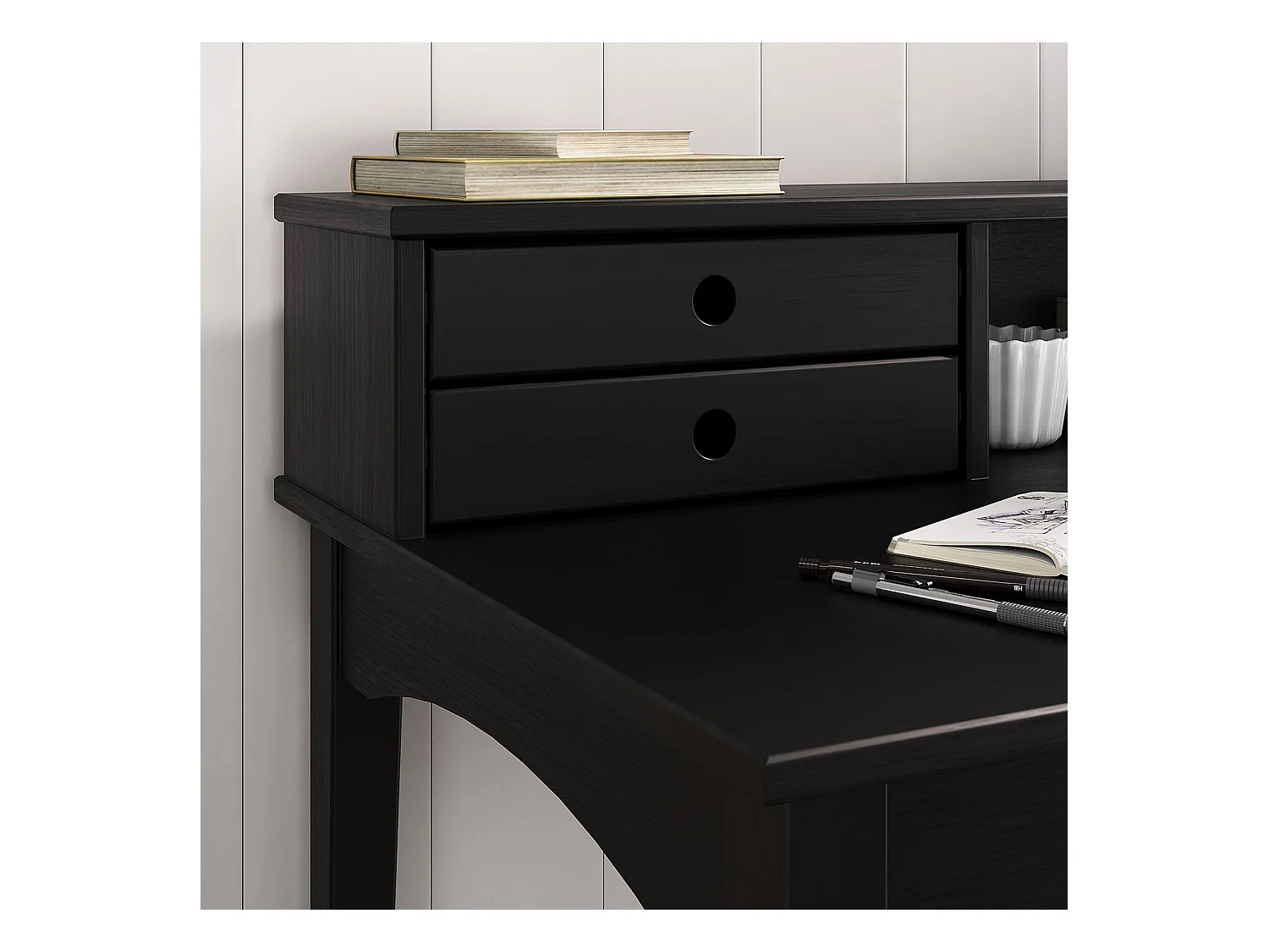 Bureau MILANO secrétaire en pin massif avec 4 tiroirs et 1 niche, Noir