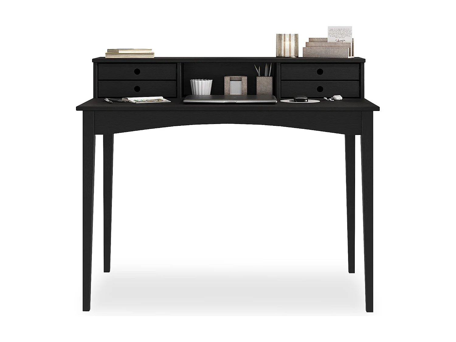 Bureau MILANO secrétaire en pin massif avec 4 tiroirs et 1 niche, Noir