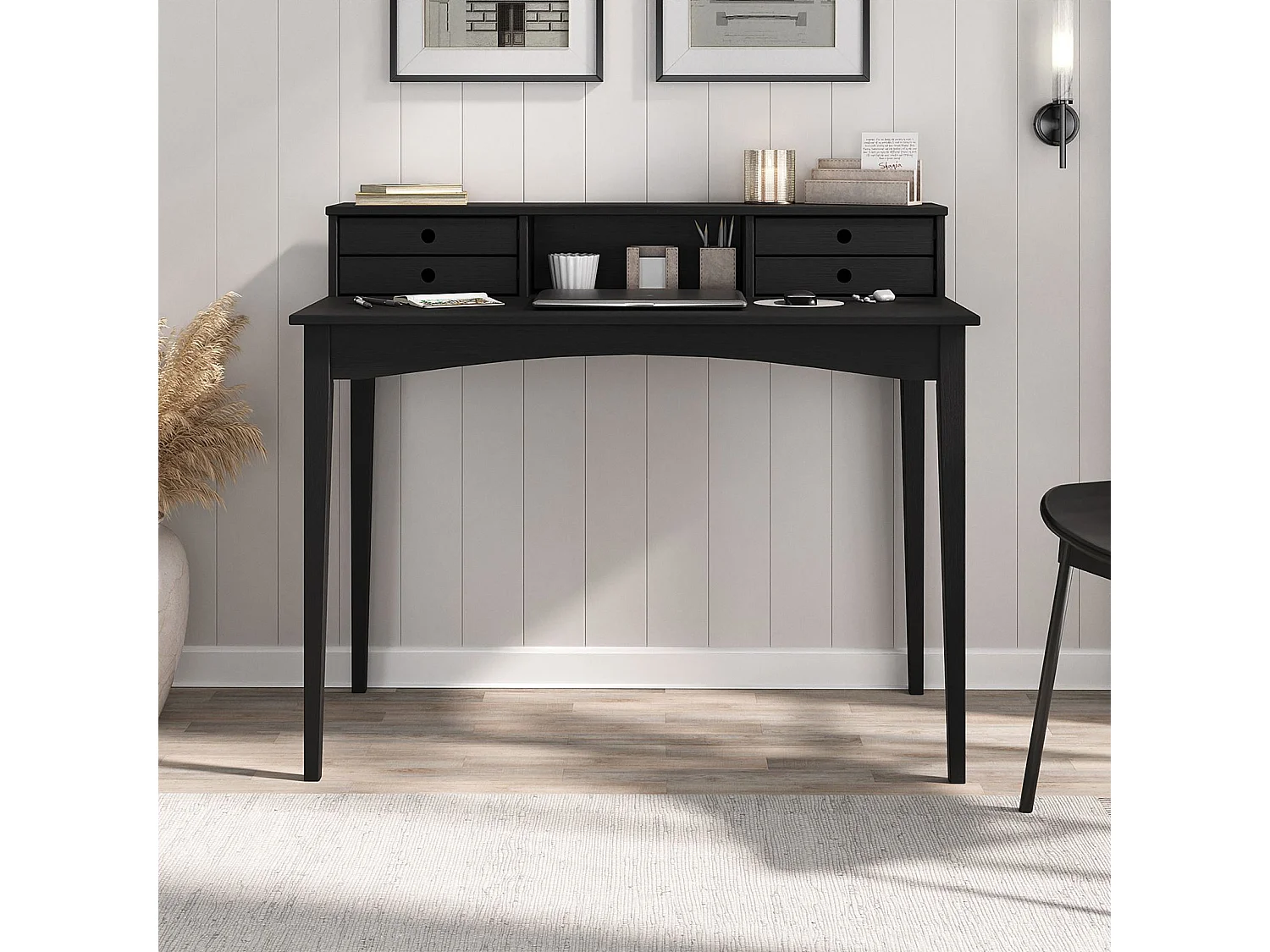 Bureau MILANO secrétaire en pin massif avec 4 tiroirs et 1 niche, Noir