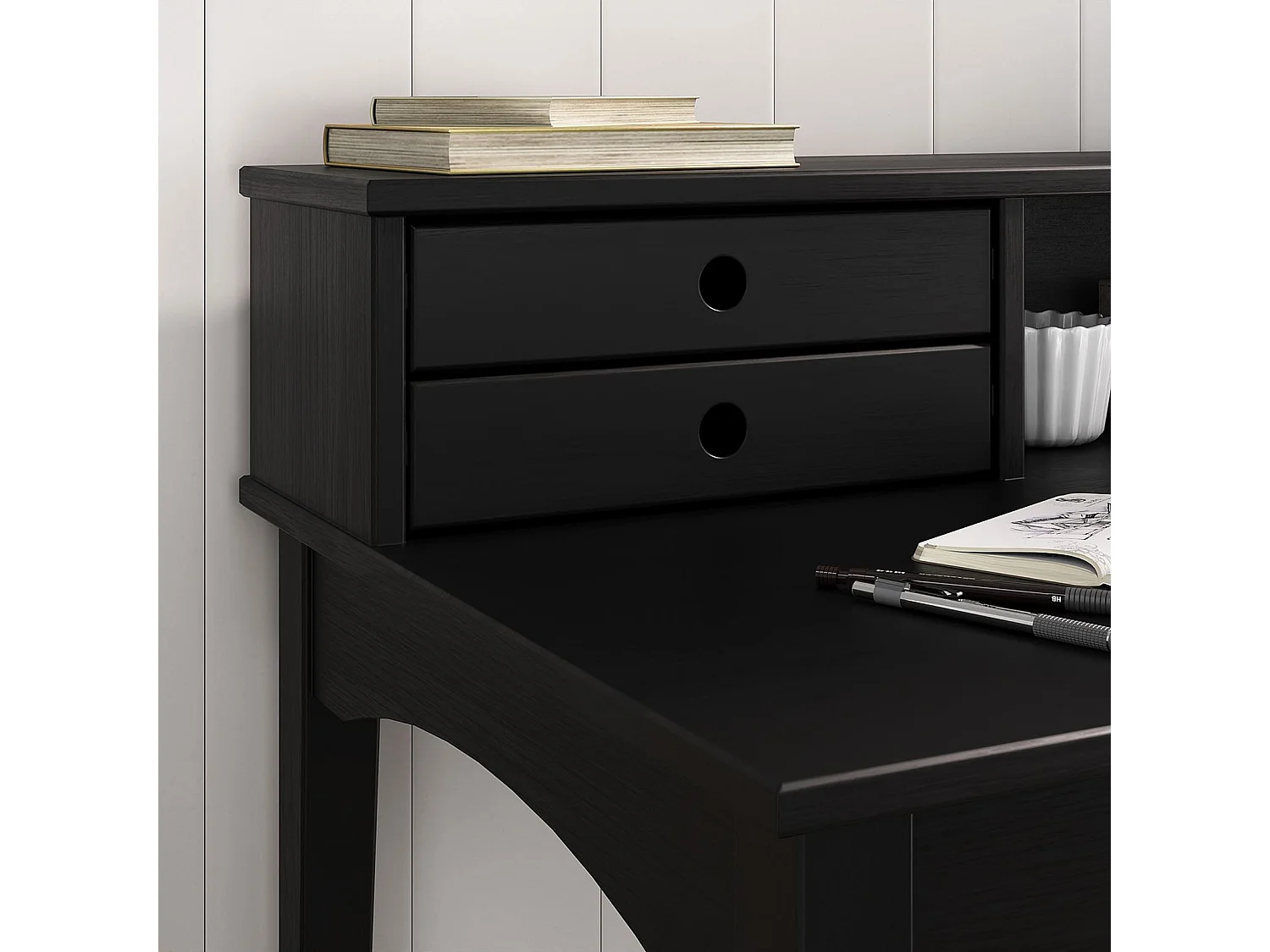 Bureau MILANO secrétaire en pin massif avec 4 tiroirs et 1 niche, Noir