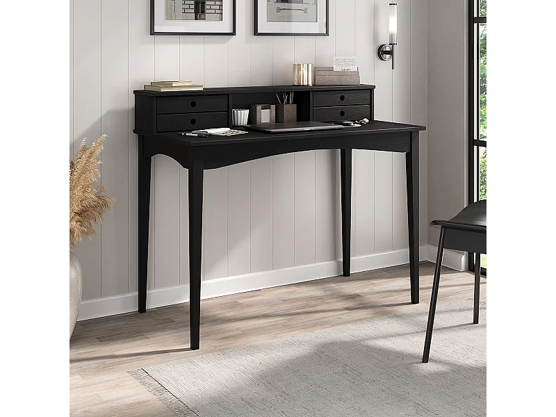 Bureau MILANO secrétaire en pin massif avec 4 tiroirs et 1 niche, Noir