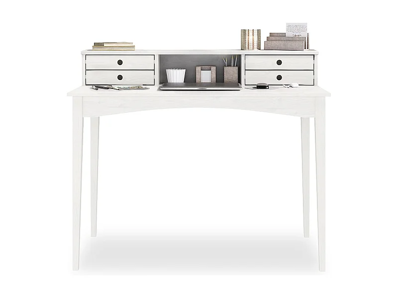 Bureau MILANO secrétaire en pin massif avec 4 tiroirs et 1 niche, bois lasuré blanc