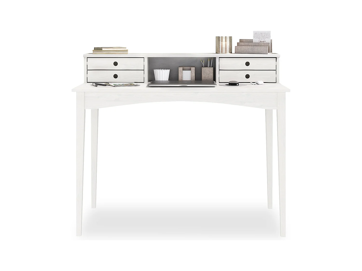 Bureau MILANO secrétaire en pin massif avec 4 tiroirs et 1 niche, bois lasuré blanc