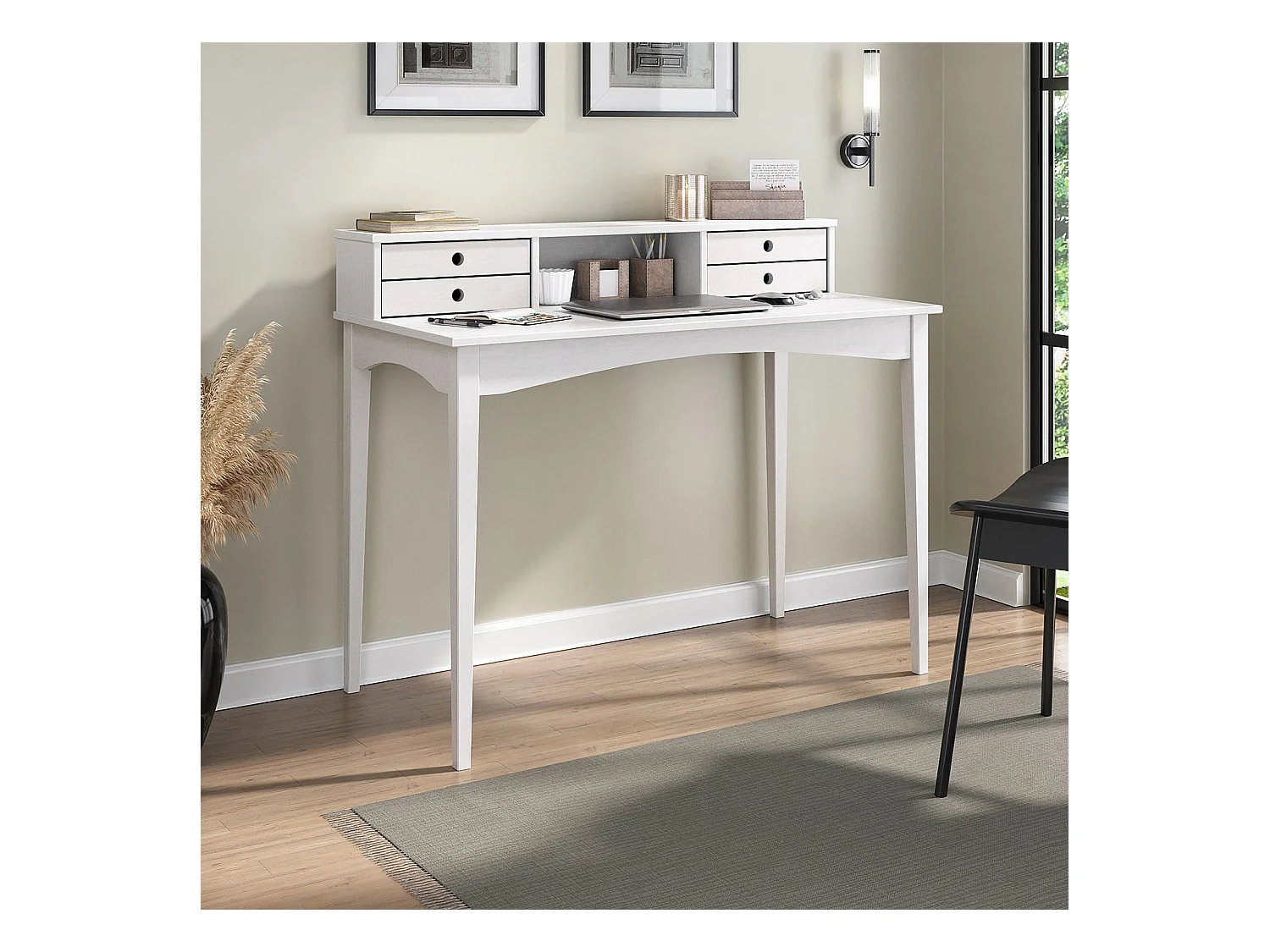 Bureau MILANO secrétaire en pin massif avec 4 tiroirs et 1 niche, bois lasuré blanc