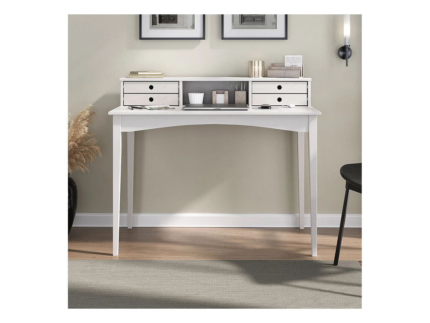 Bureau MILANO secrétaire en pin massif avec 4 tiroirs et 1 niche, bois lasuré blanc