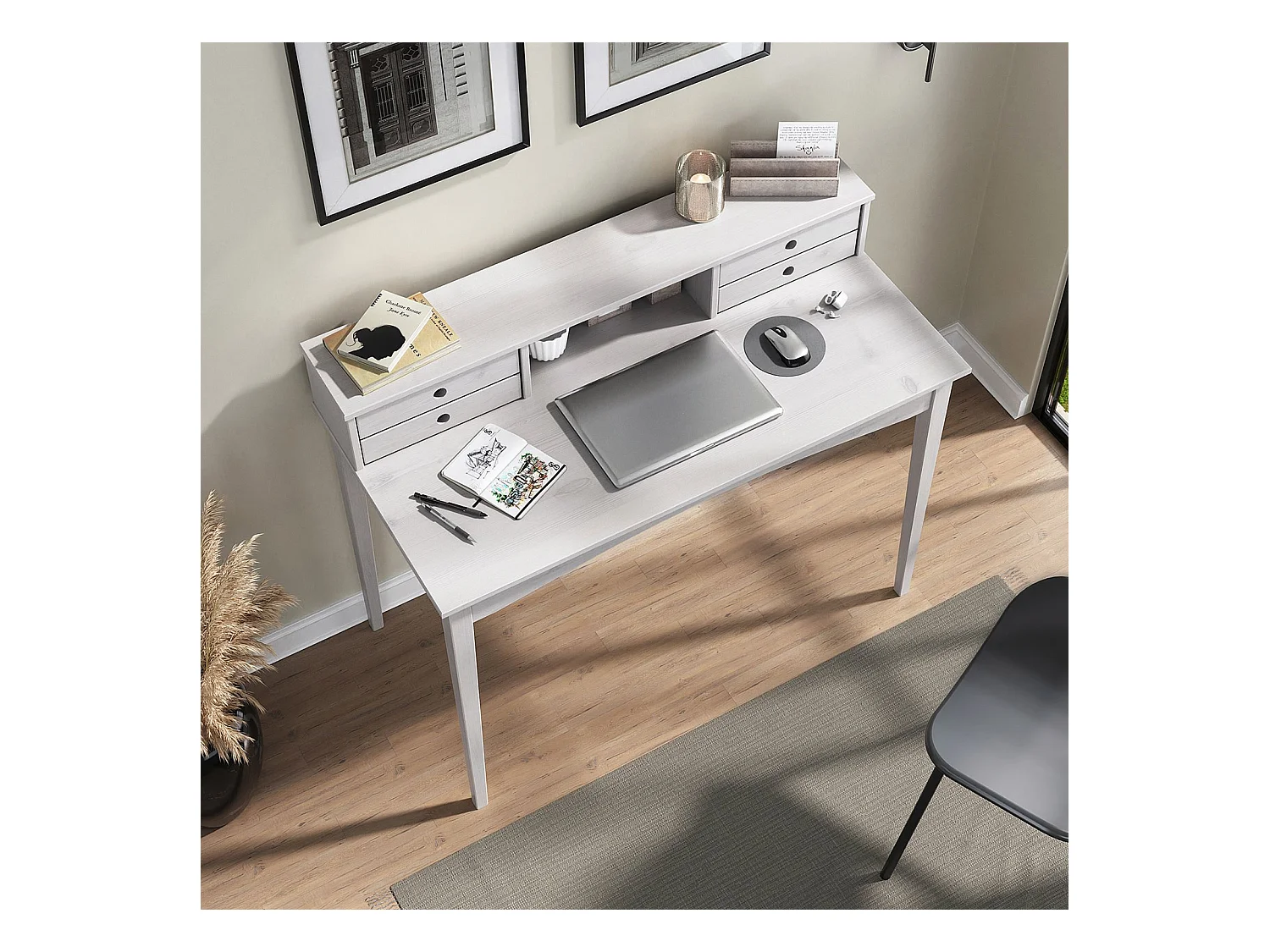 Bureau MILANO secrétaire en pin massif avec 4 tiroirs et 1 niche, bois lasuré blanc