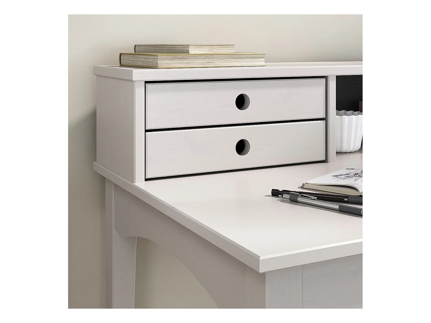 Bureau MILANO secrétaire en pin massif avec 4 tiroirs et 1 niche, bois lasuré blanc