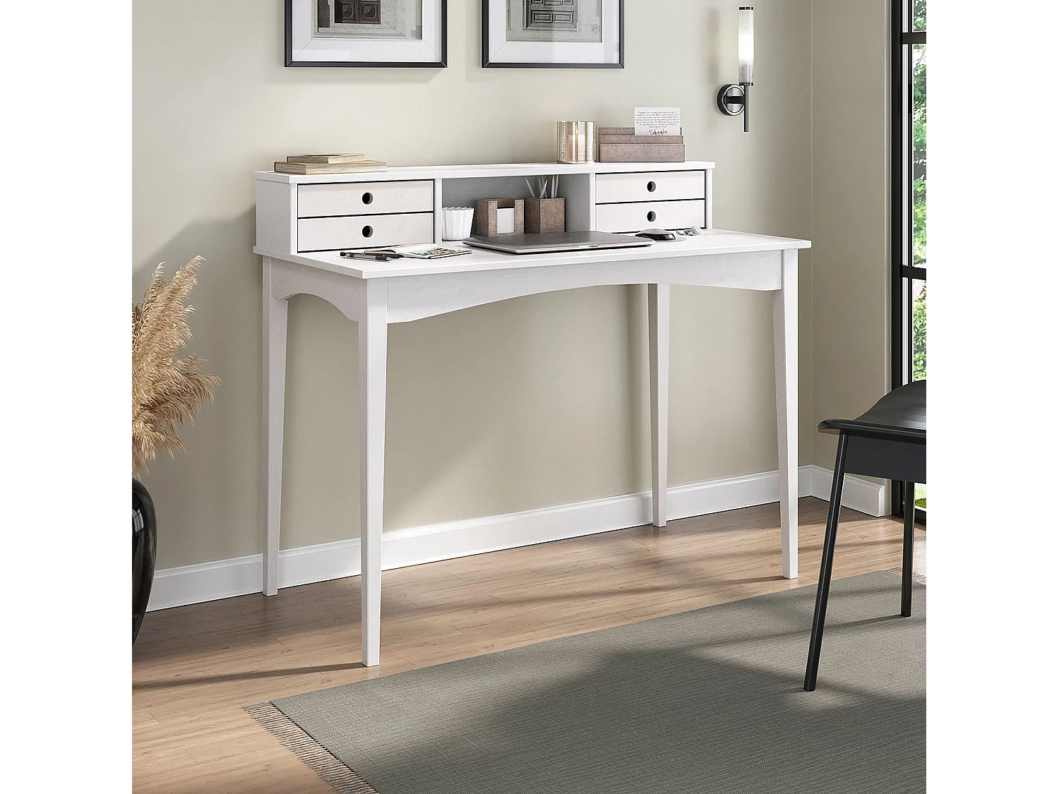 Bureau MILANO secrétaire en pin massif avec 4 tiroirs et 1 niche, bois lasuré blanc