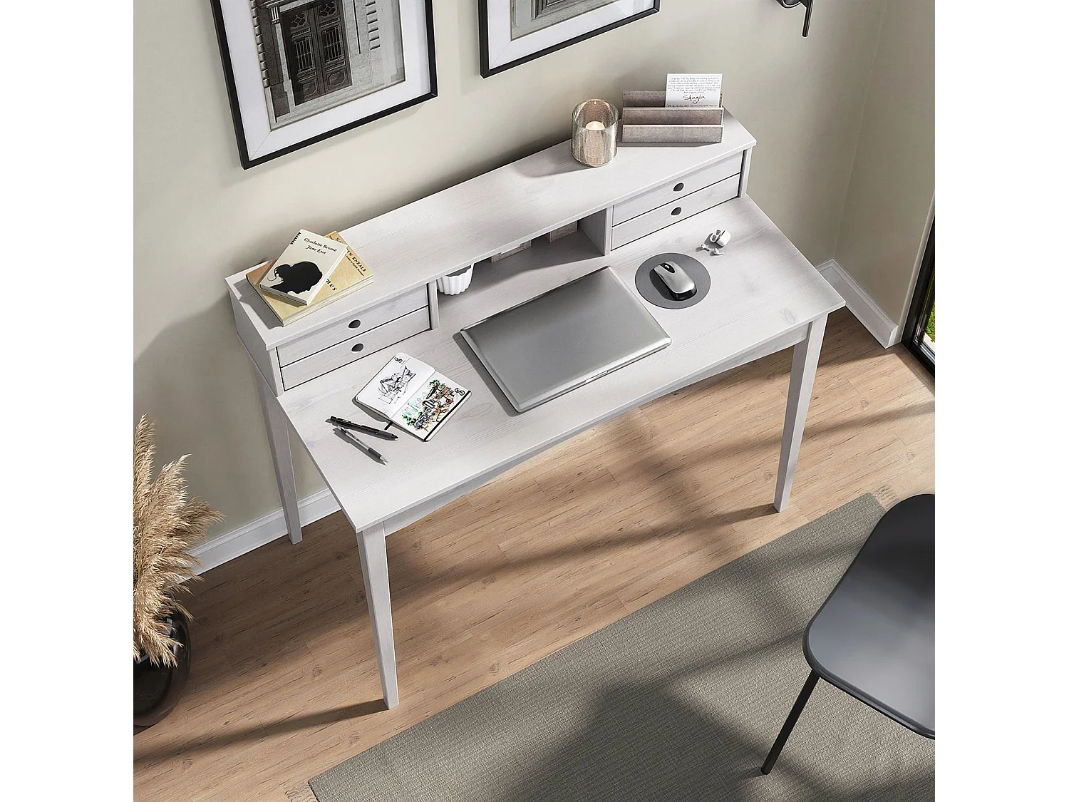 Bureau MILANO secrétaire en pin massif avec 4 tiroirs et 1 niche, bois lasuré blanc