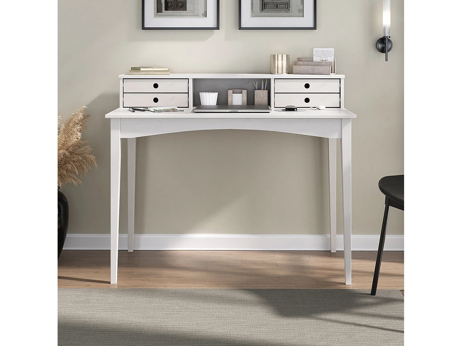 Bureau MILANO secrétaire en pin massif avec 4 tiroirs et 1 niche, bois lasuré blanc