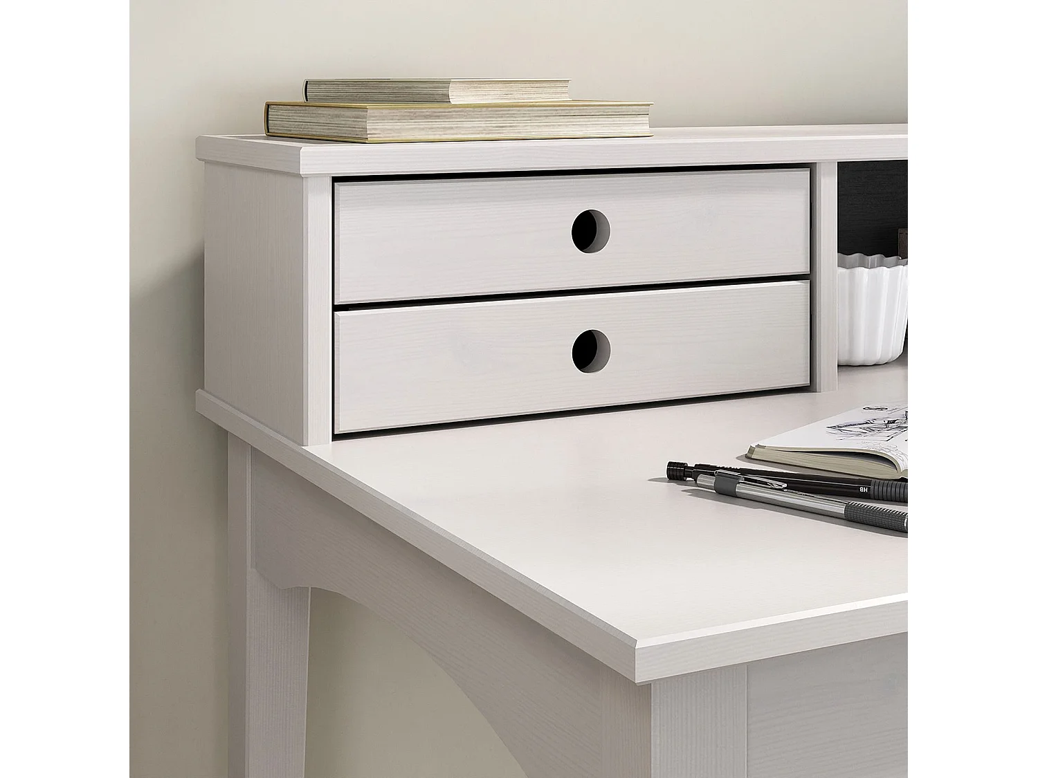 Bureau MILANO secrétaire en pin massif avec 4 tiroirs et 1 niche, bois lasuré blanc