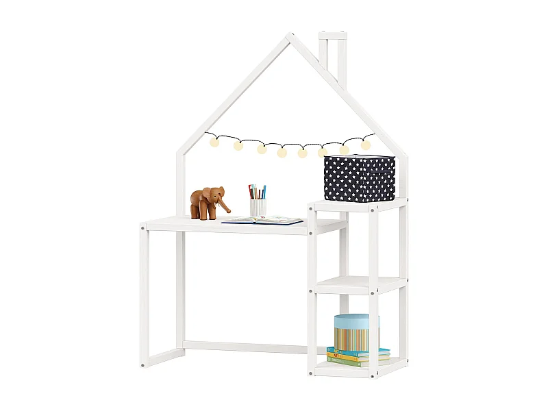 Bureau enfant NIVIA en forme de maison en pin massif, bureau chambre enfant bois, en pin massif blanc