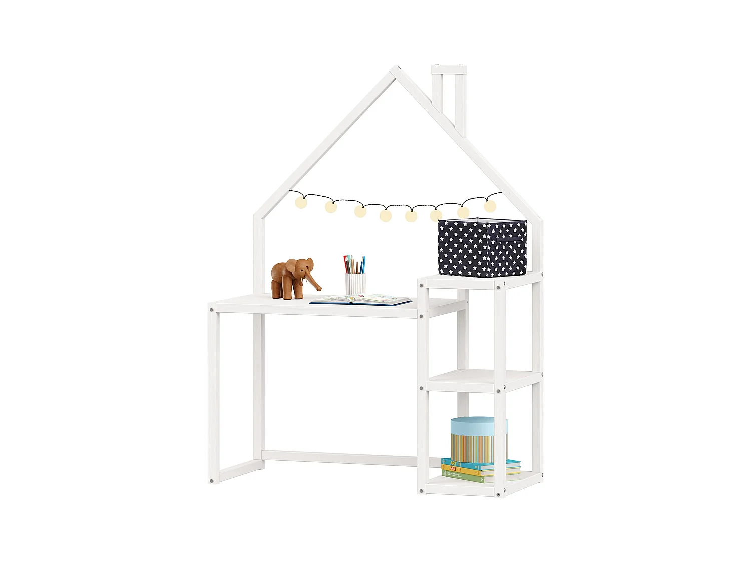 Bureau enfant NIVIA en forme de maison en pin massif, bureau chambre enfant bois, en pin massif blanc