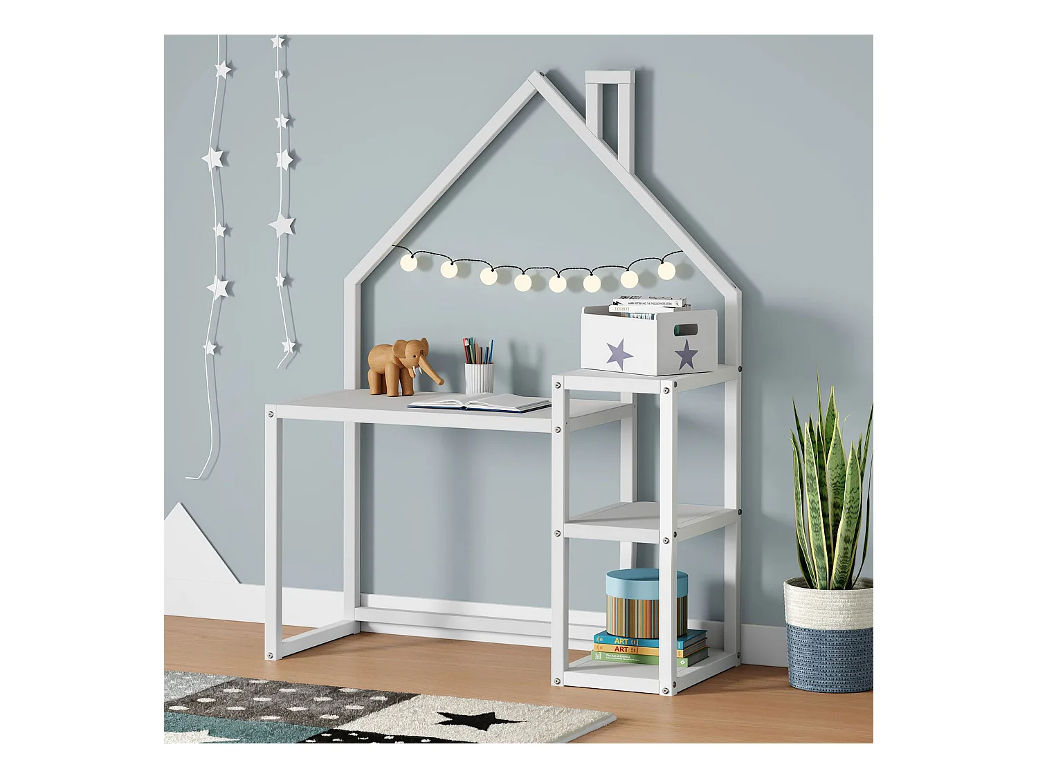 Bureau enfant NIVIA en forme de maison en pin massif, bureau chambre enfant bois, en pin massif blanc