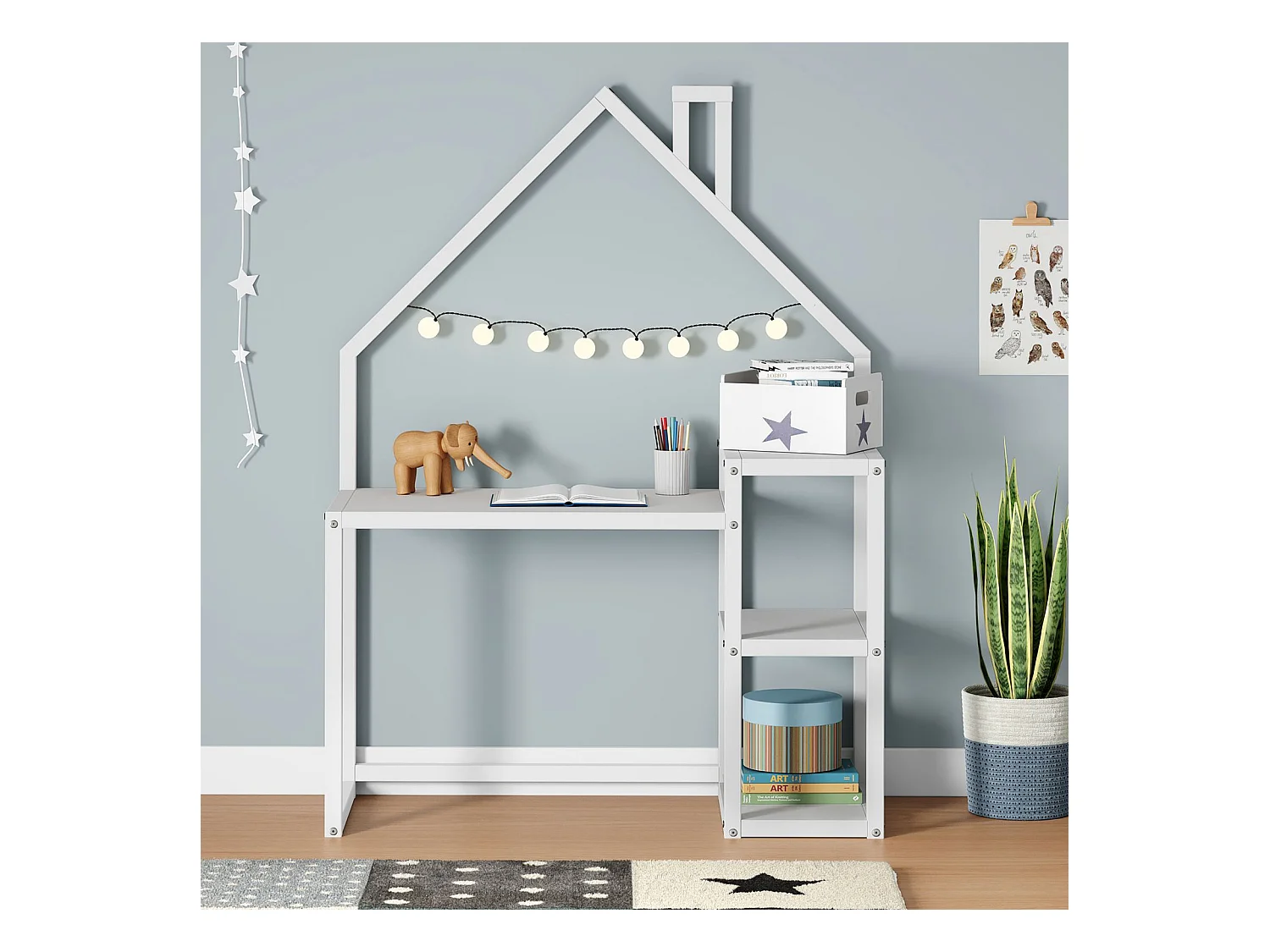 Bureau enfant NIVIA en forme de maison en pin massif, bureau chambre enfant bois, en pin massif blanc