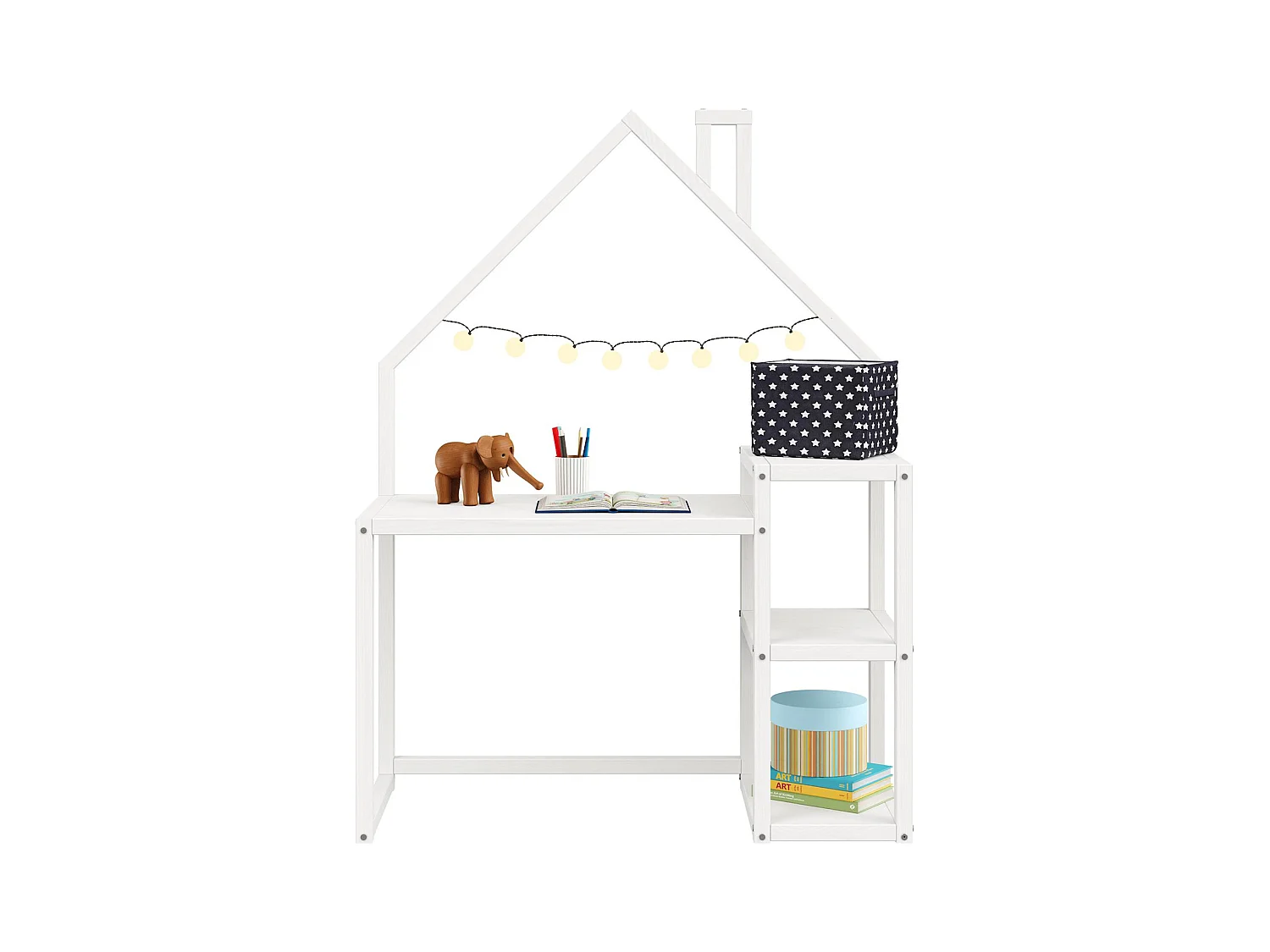 Bureau enfant NIVIA en forme de maison en pin massif, bureau chambre enfant bois, en pin massif blanc