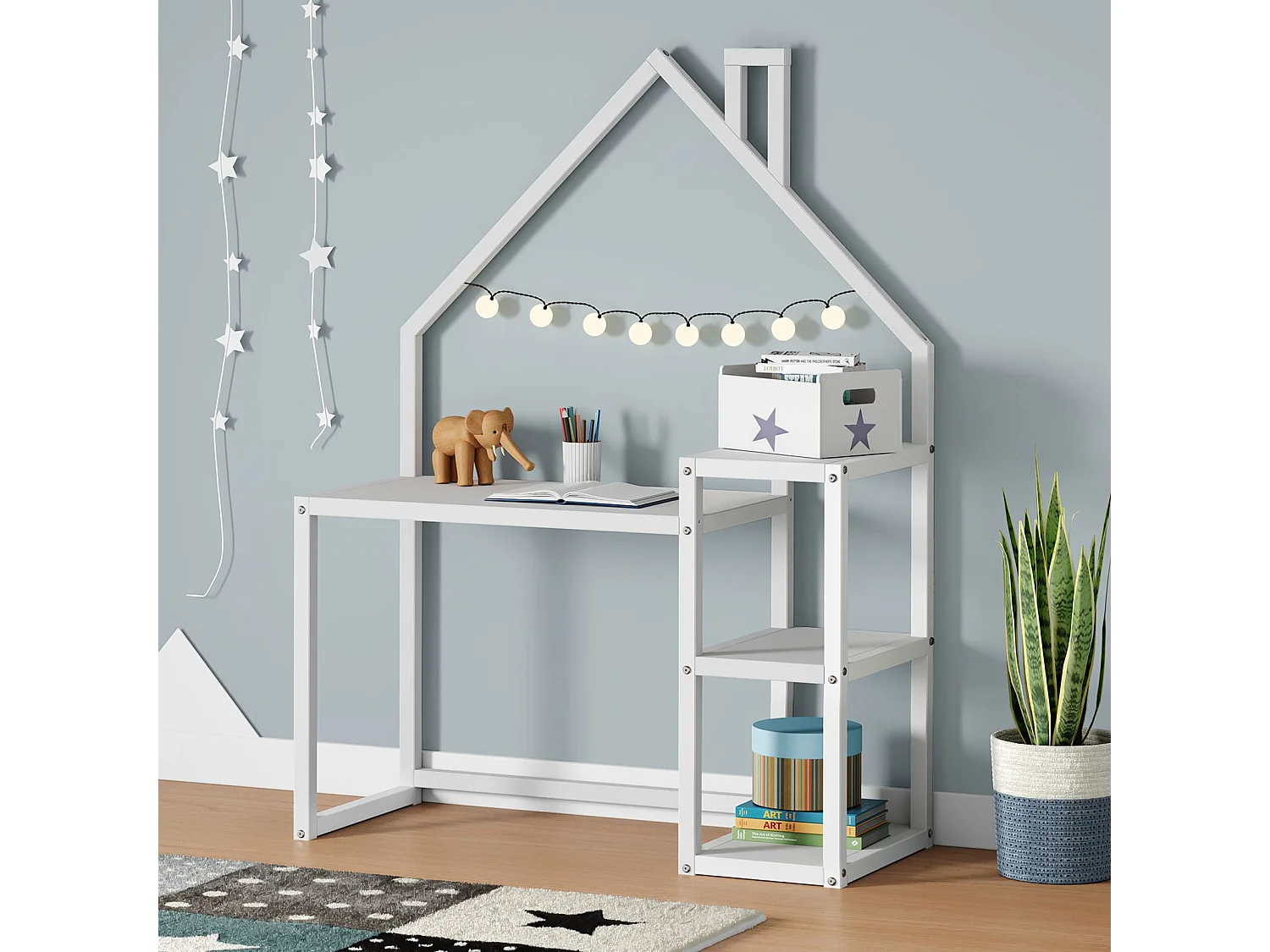 Bureau enfant NIVIA en forme de maison en pin massif, bureau chambre enfant bois, en pin massif blanc