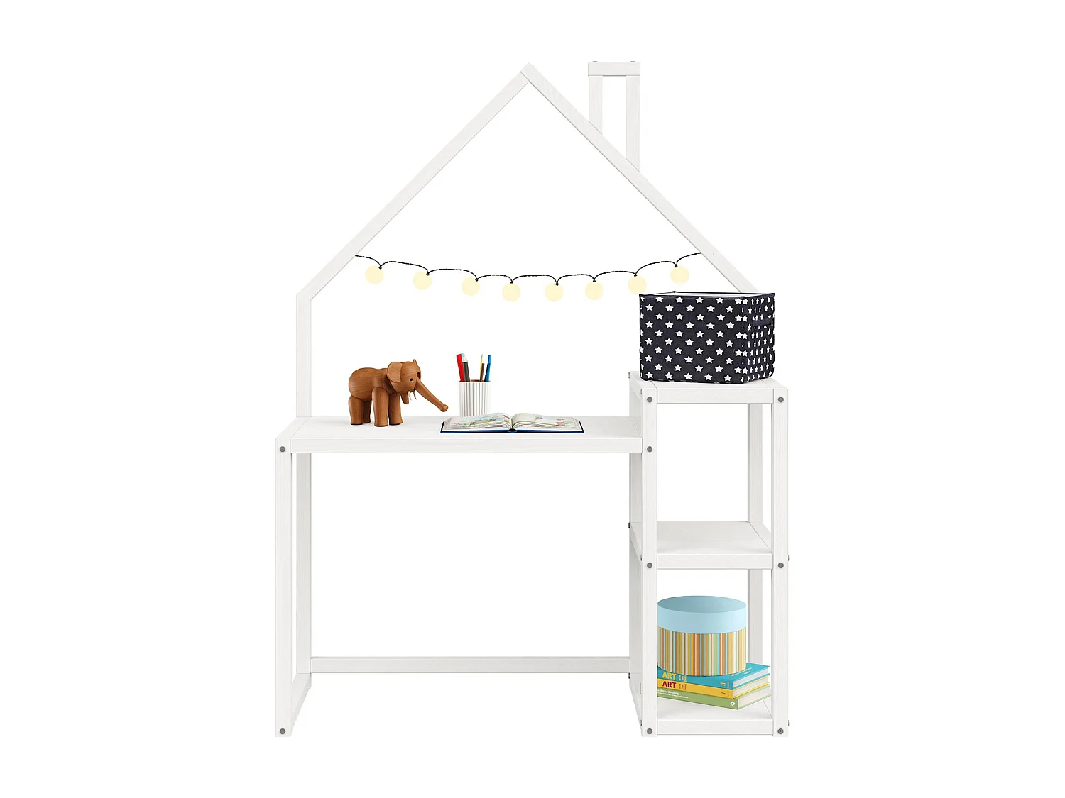 Bureau enfant NIVIA en forme de maison en pin massif, bureau chambre enfant bois, en pin massif blanc