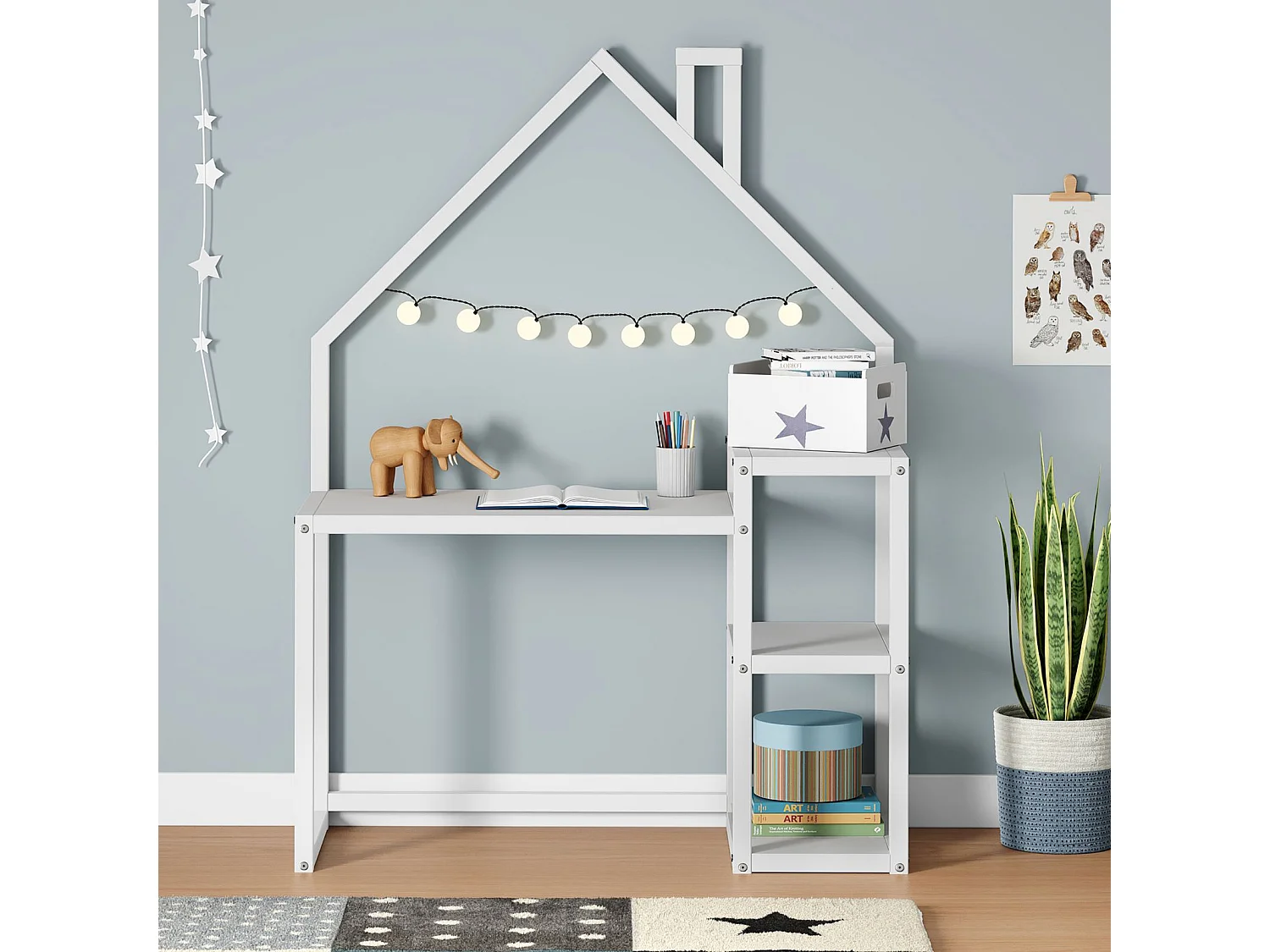 Bureau enfant NIVIA en forme de maison en pin massif, bureau chambre enfant bois, en pin massif blanc