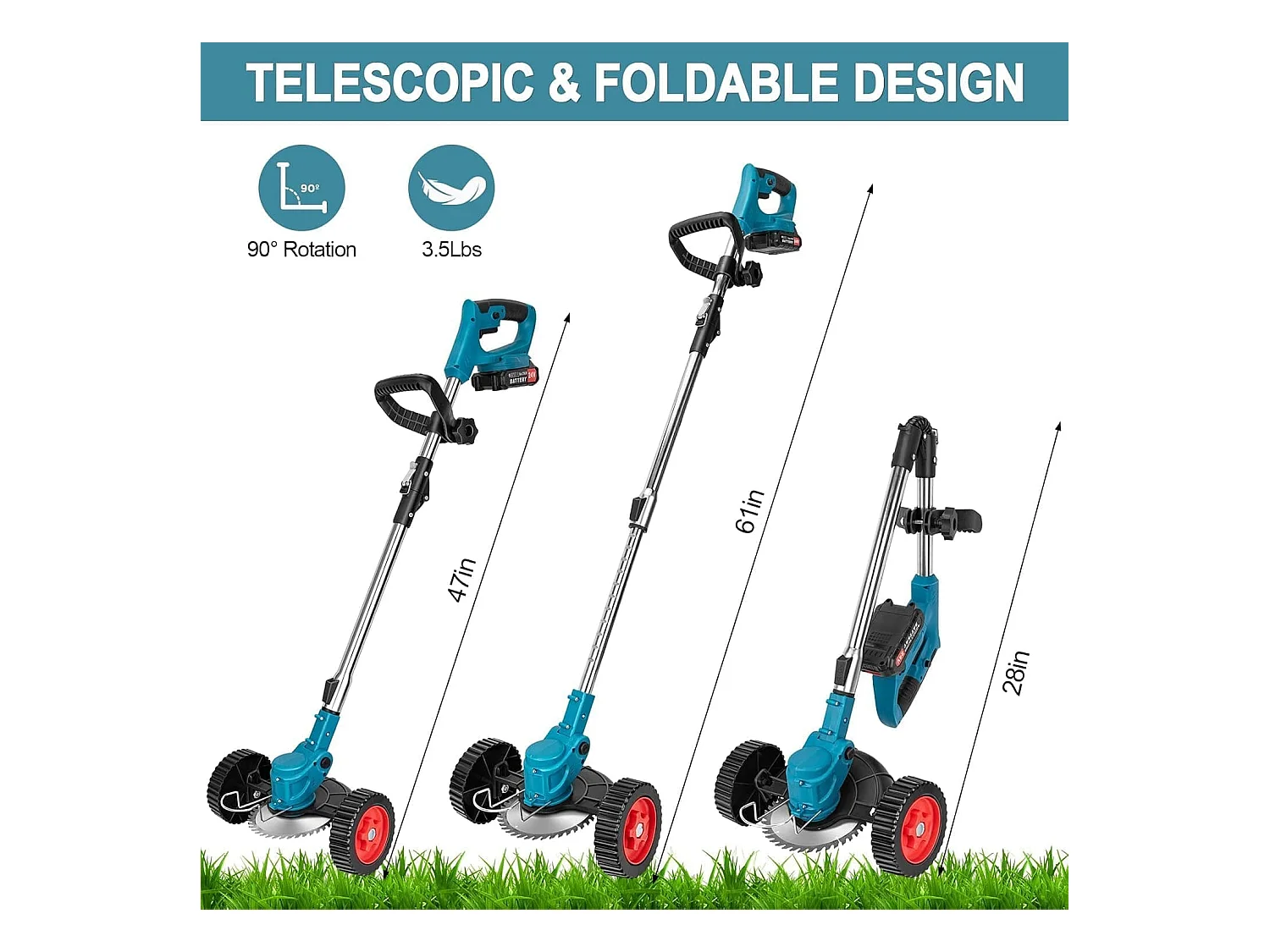 Elektrischer Unkrautvernichter Akku-Rasenmäher Rasenkantenschneider mit 2000-mAh-Li-Ionen-Akku und 3 Schneidklingenarten Unkrautvernichter