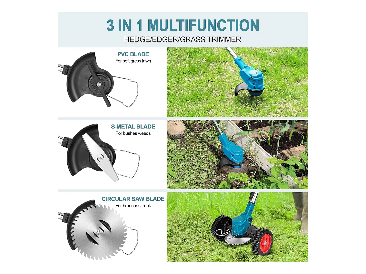 Elektrischer Unkrautvernichter Akku-Rasenmäher Rasenkantenschneider mit 2000-mAh-Li-Ionen-Akku und 3 Schneidklingenarten Unkrautvernichter