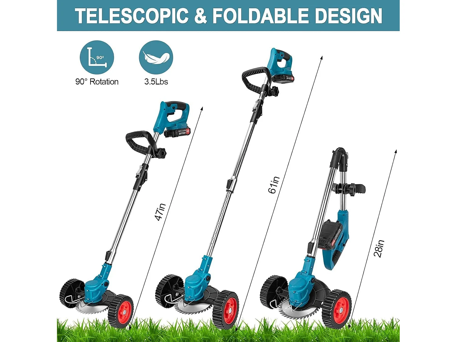 Elektrischer Unkrautvernichter Akku-Rasenmäher Rasenkantenschneider mit 2000-mAh-Li-Ionen-Akku und 3 Schneidklingenarten Unkrautvernichter