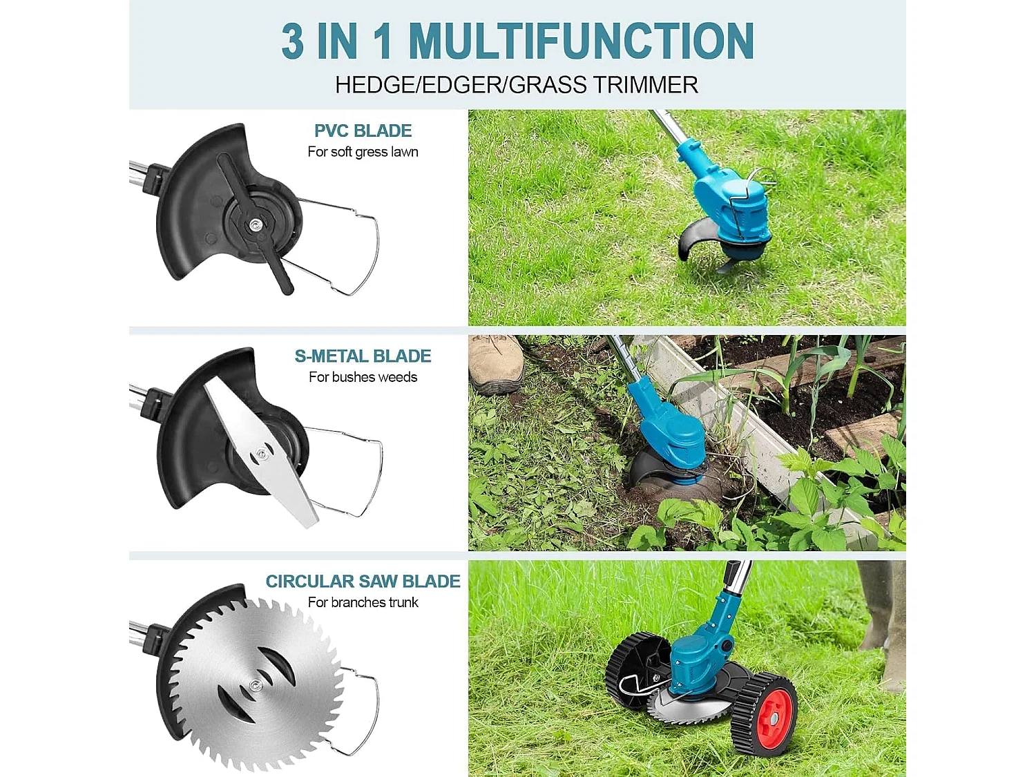Elektrischer Unkrautvernichter Akku-Rasenmäher Rasenkantenschneider mit 2000-mAh-Li-Ionen-Akku und 3 Schneidklingenarten Unkrautvernichter
