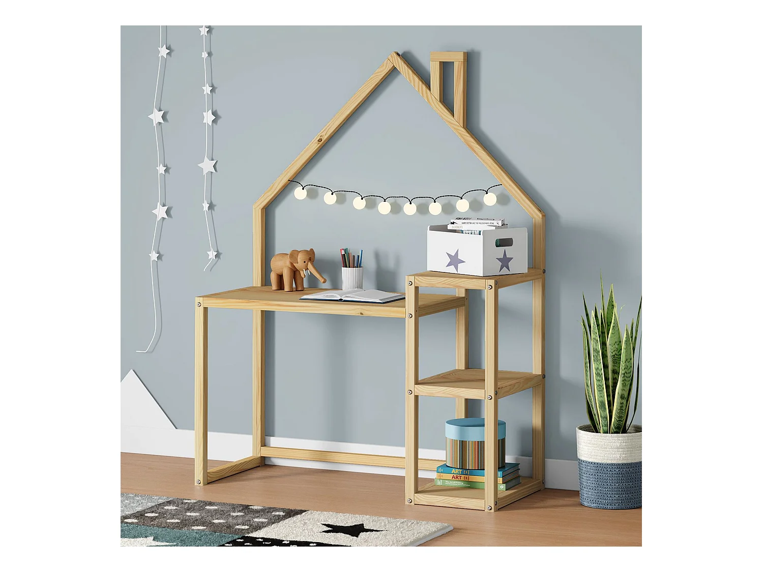 Bureau enfant NIVIA en forme de maison en pin massif, bureau chambre enfant bois, en pin massif coloris naturel