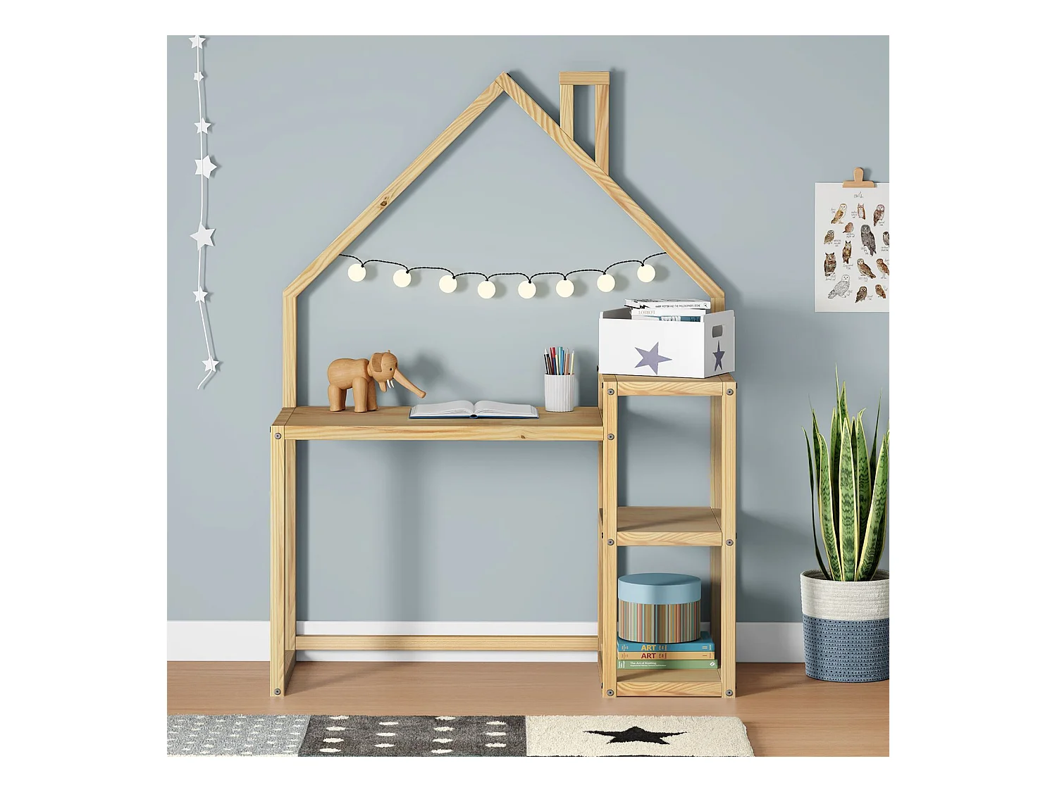 Bureau enfant NIVIA en forme de maison en pin massif, bureau chambre enfant bois, en pin massif coloris naturel