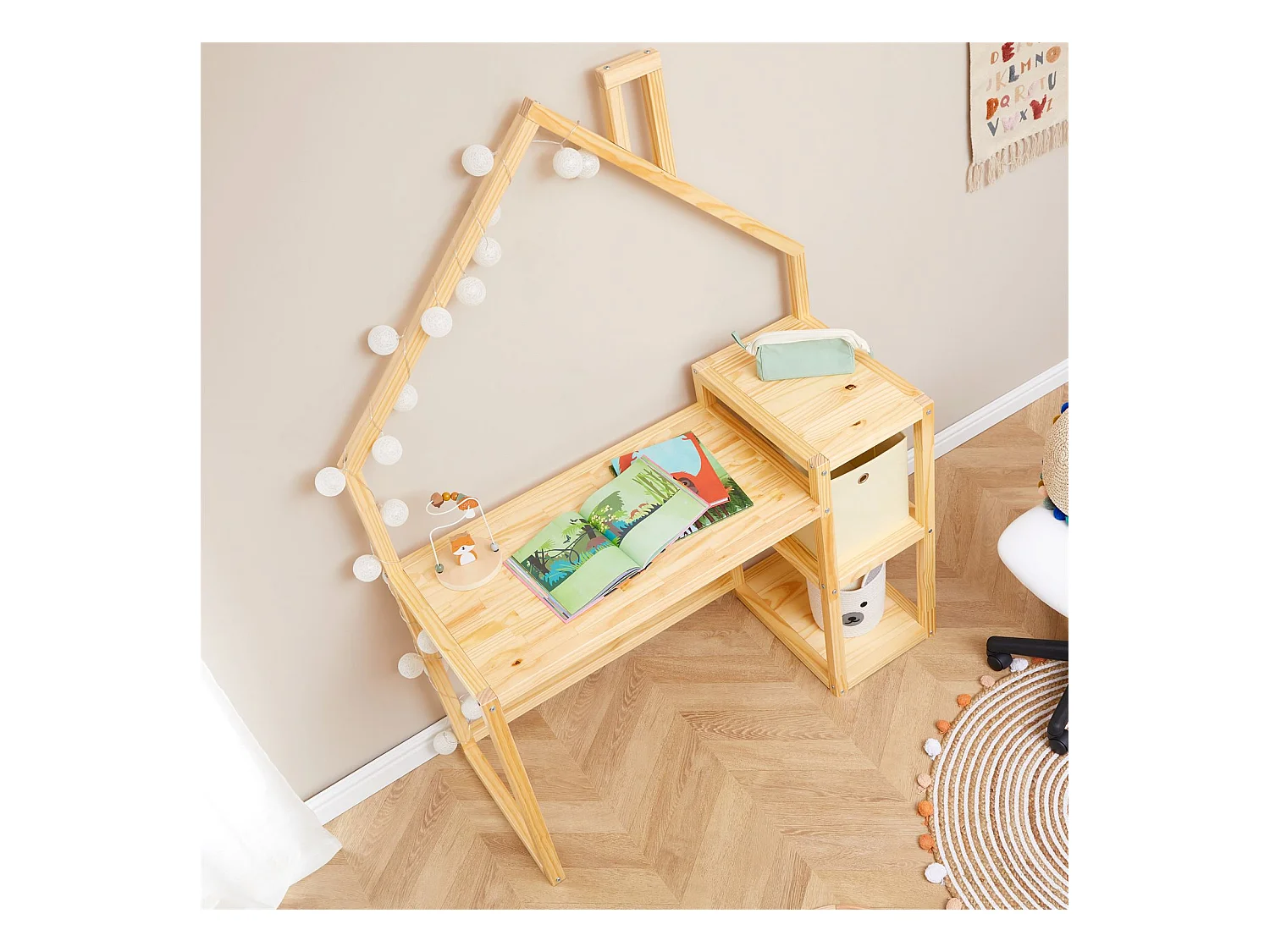 Bureau enfant NIVIA en forme de maison en pin massif, bureau chambre enfant bois, en pin massif coloris naturel