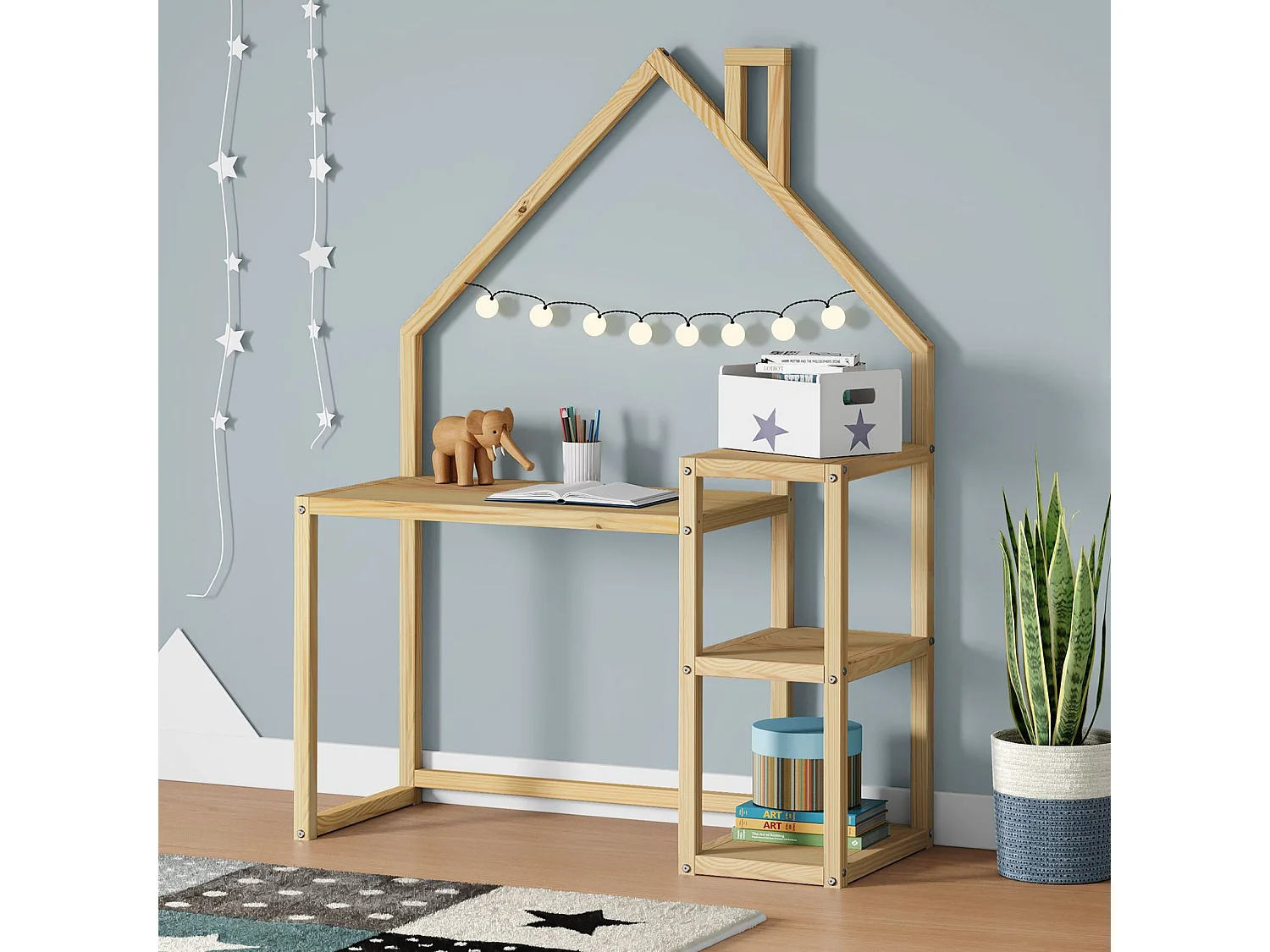 Bureau enfant NIVIA en forme de maison en pin massif, bureau chambre enfant bois, en pin massif coloris naturel