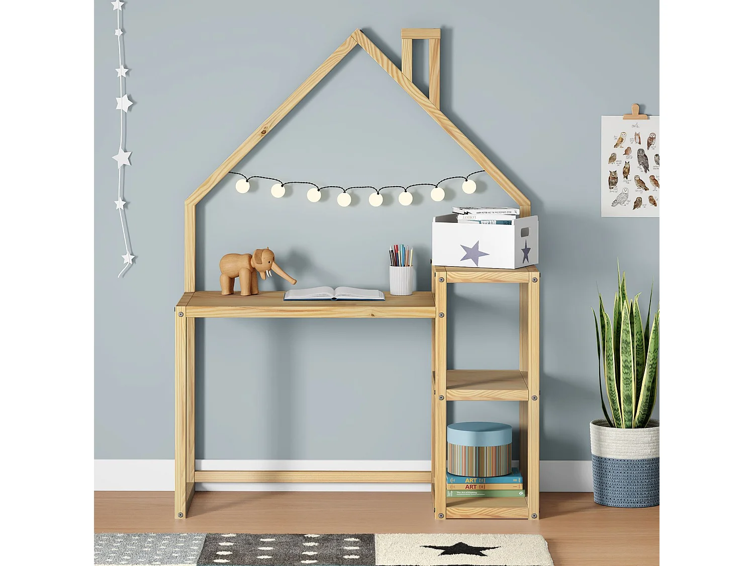 Bureau enfant NIVIA en forme de maison en pin massif, bureau chambre enfant bois, en pin massif coloris naturel