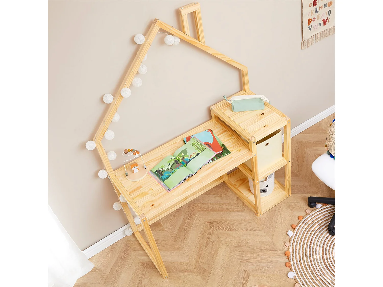 Bureau enfant NIVIA en forme de maison en pin massif, bureau chambre enfant bois, en pin massif coloris naturel