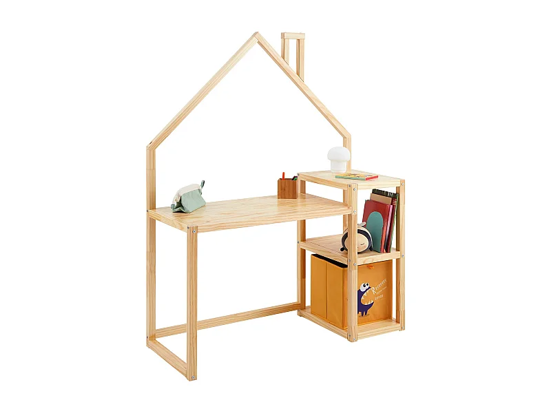 Bureau enfant NIVIA en forme de maison en pin massif, bureau chambre enfant bois, en pin massif coloris naturel