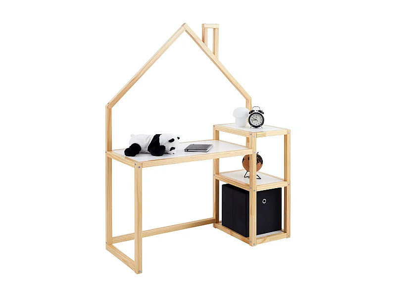 Bureau enfant NIVIA en forme de maison en pin massif, bureau chambre enfant bois, en pin massif coloris blanc/naturel