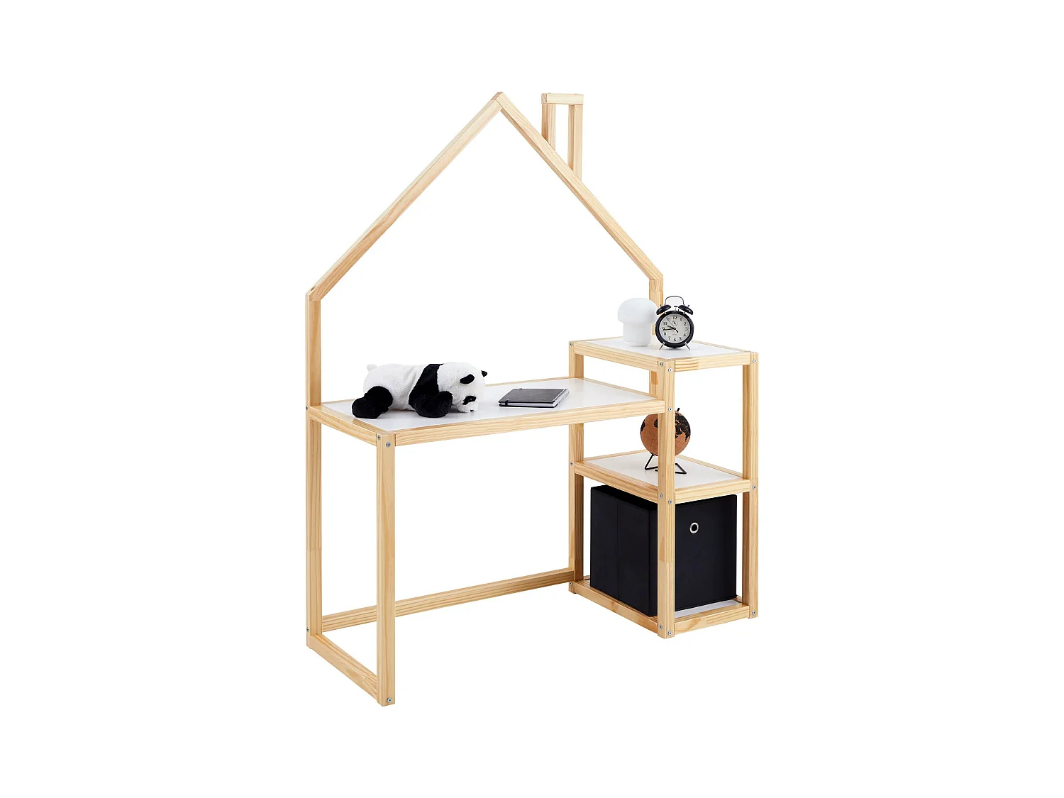 Bureau enfant NIVIA en forme de maison en pin massif, bureau chambre enfant bois, en pin massif coloris blanc/naturel