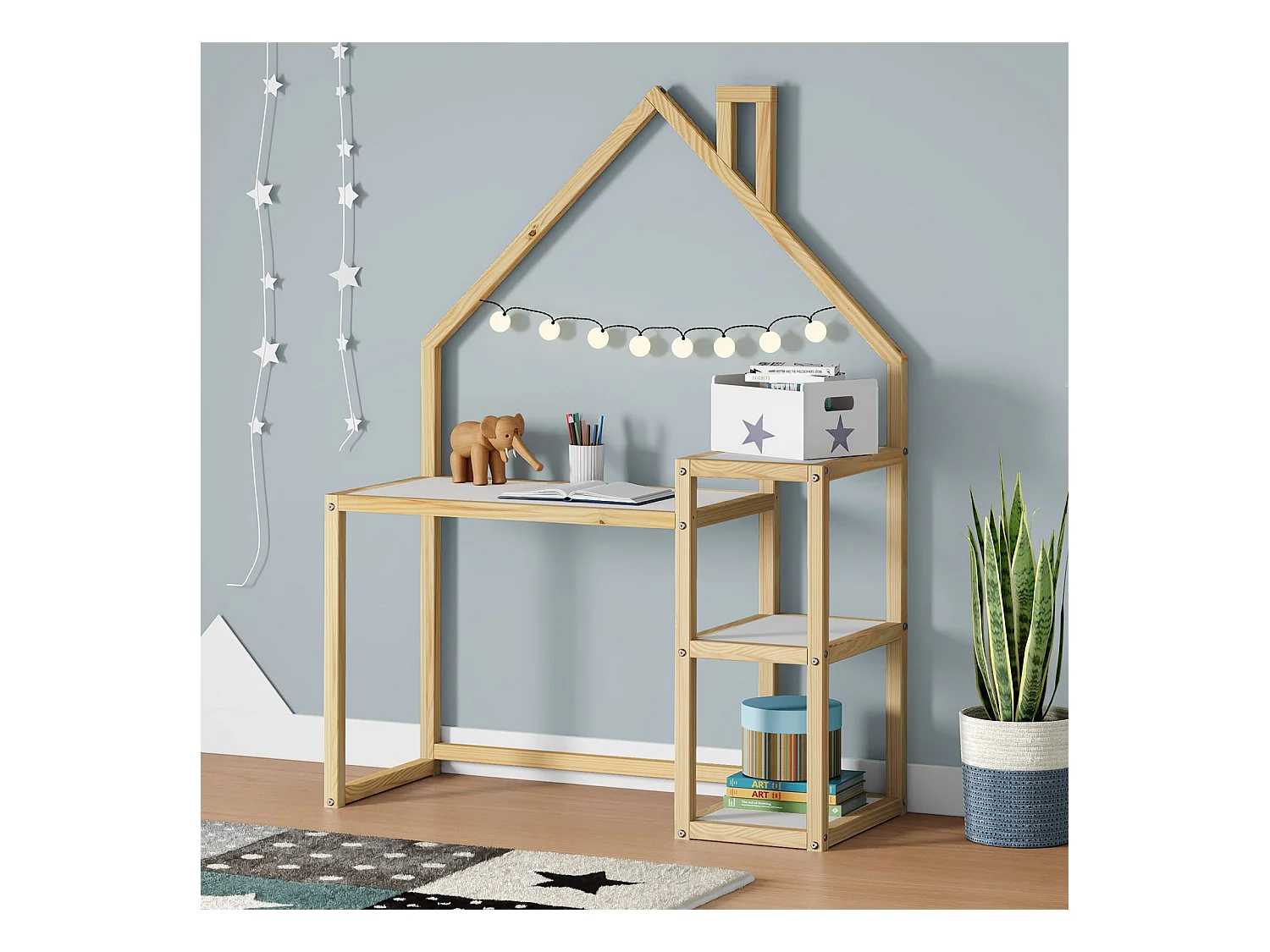 Bureau enfant NIVIA en forme de maison en pin massif, bureau chambre enfant bois, en pin massif coloris blanc/naturel
