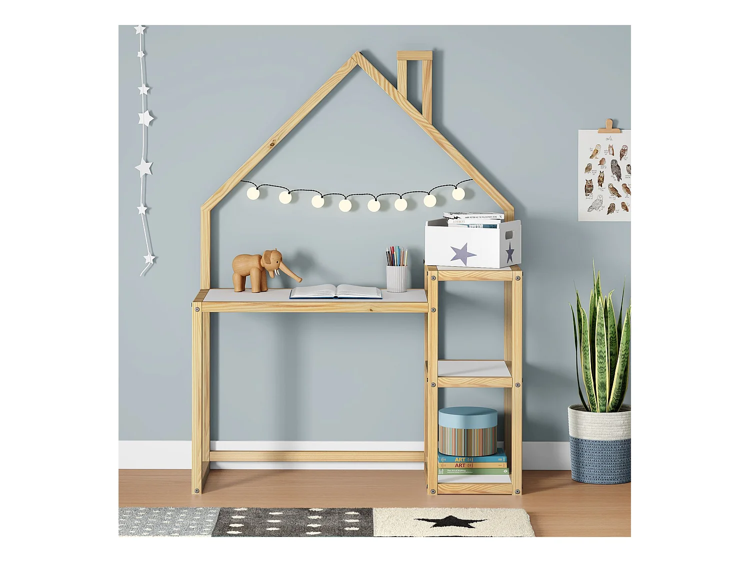 Bureau enfant NIVIA en forme de maison en pin massif, bureau chambre enfant bois, en pin massif coloris blanc/naturel