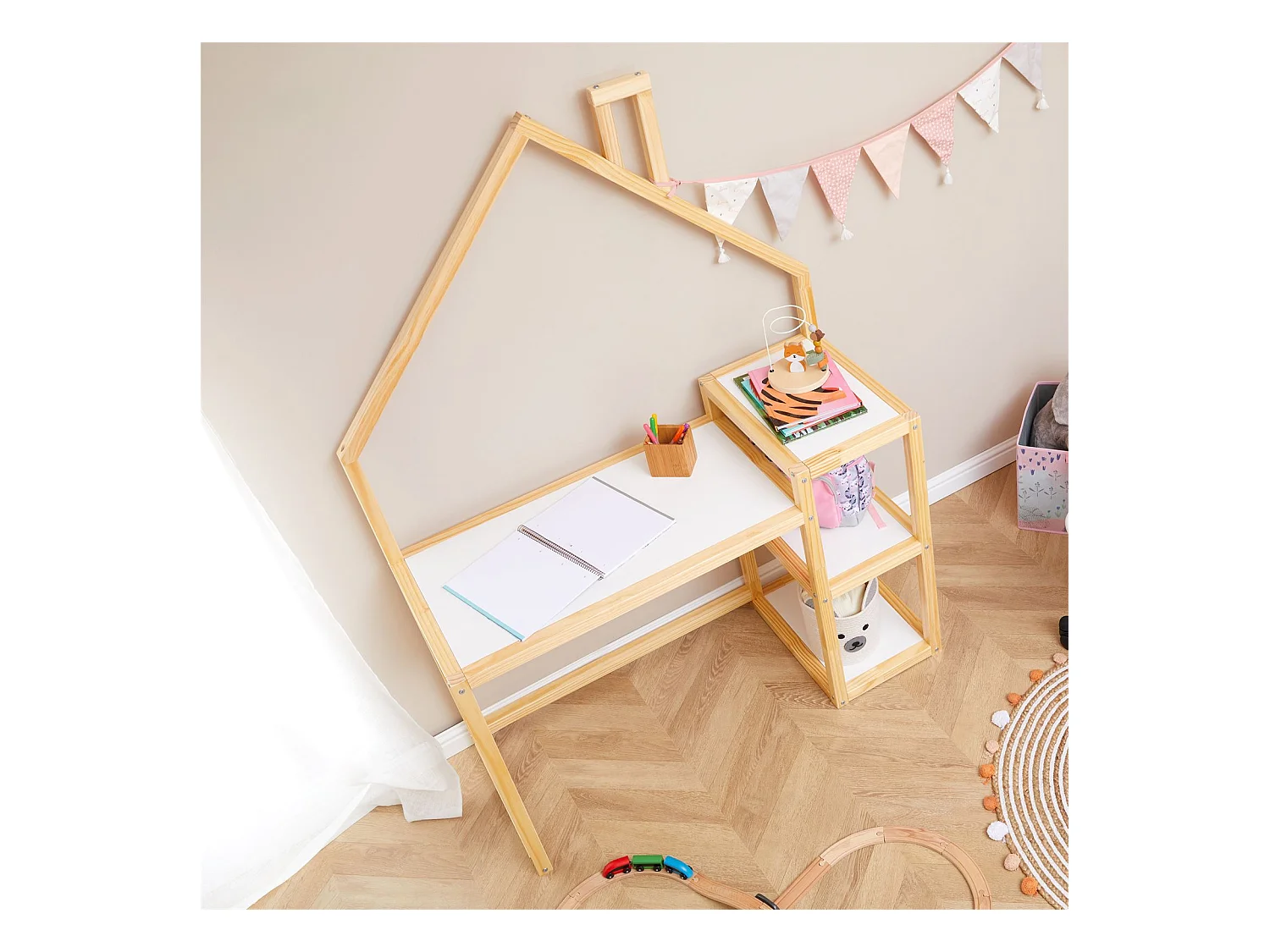 Bureau enfant NIVIA en forme de maison en pin massif, bureau chambre enfant bois, en pin massif coloris blanc/naturel