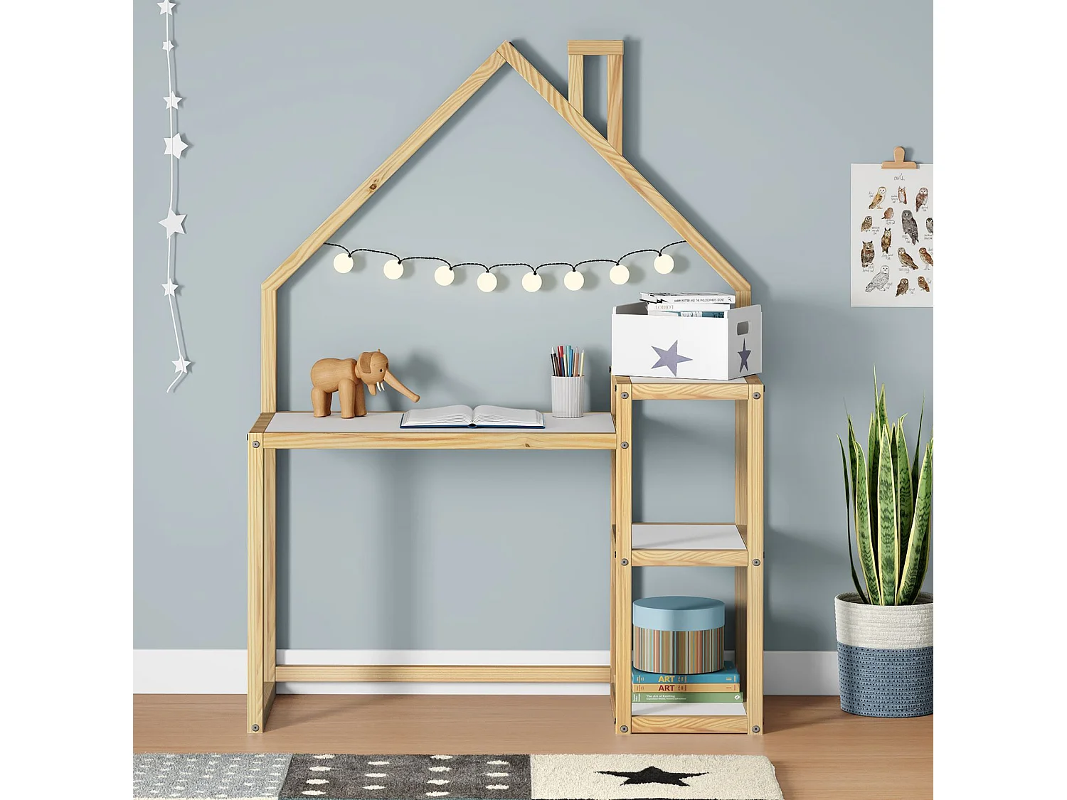 Bureau enfant NIVIA en forme de maison en pin massif, bureau chambre enfant bois, en pin massif coloris blanc/naturel