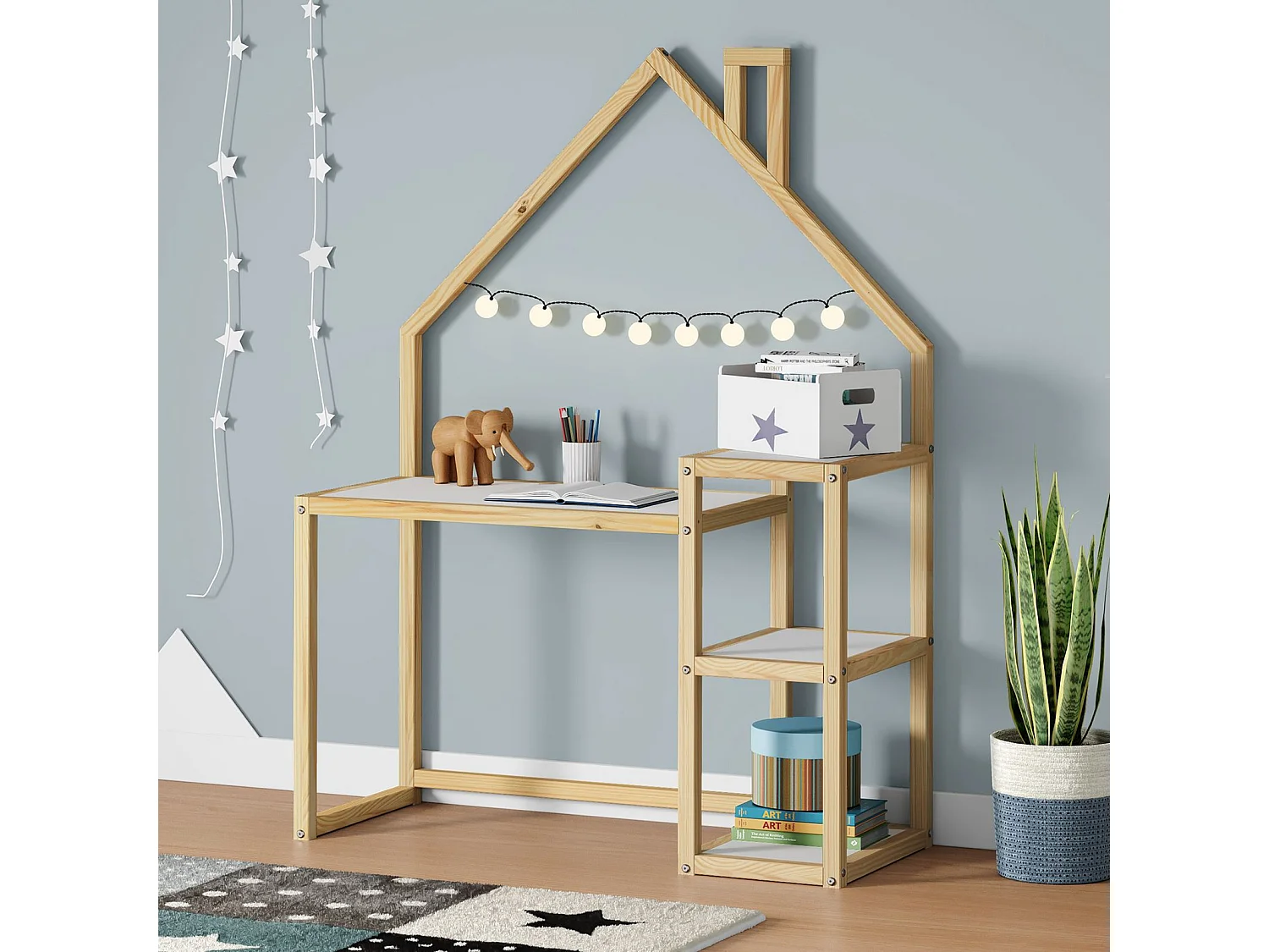 Bureau enfant NIVIA en forme de maison en pin massif, bureau chambre enfant bois, en pin massif coloris blanc/naturel