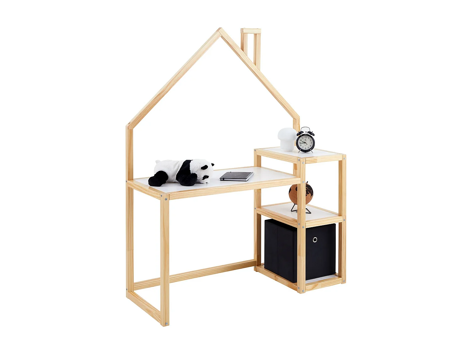 Bureau enfant NIVIA en forme de maison en pin massif, bureau chambre enfant bois, en pin massif coloris blanc/naturel