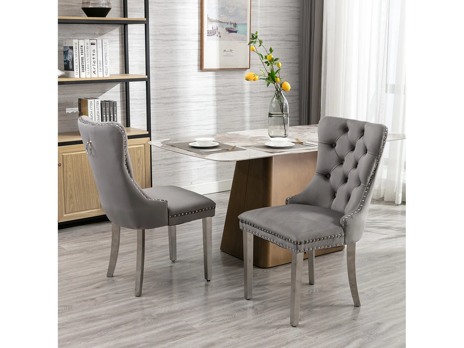 Lot de 2 chaises de salle à manger en velours gris avec dossier rembourré et pieds en métal argenté