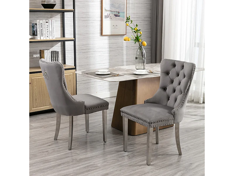Set di 2 sedie da pranzo in velluto grigio con schienale imbottito e gambe in metallo argentato