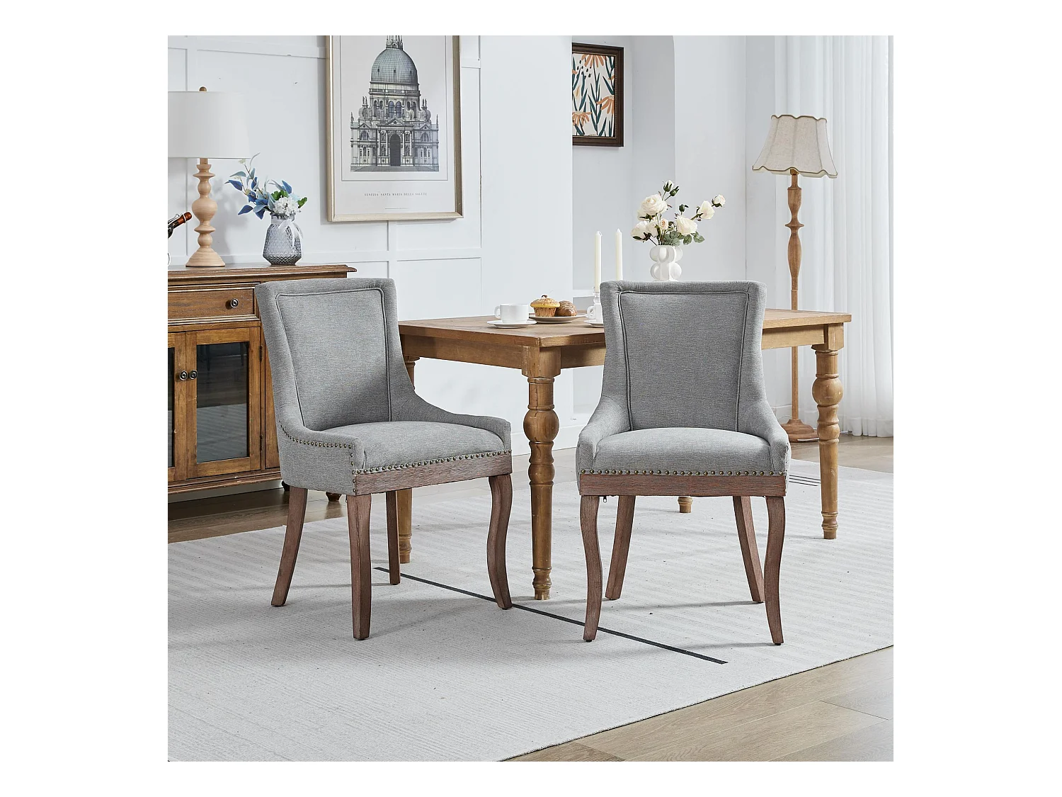 Zestaw 2 krzeseł jadalnianych z szarej tkaniny szenilowej z oparciem i ozdobnymi gwoździami, drewniane nogi